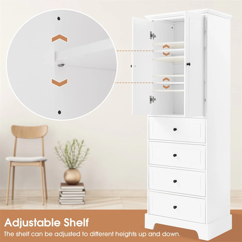 Wooden Storage Cabinet with 2 Doors and 4 Drawers, Adjustable Shelf