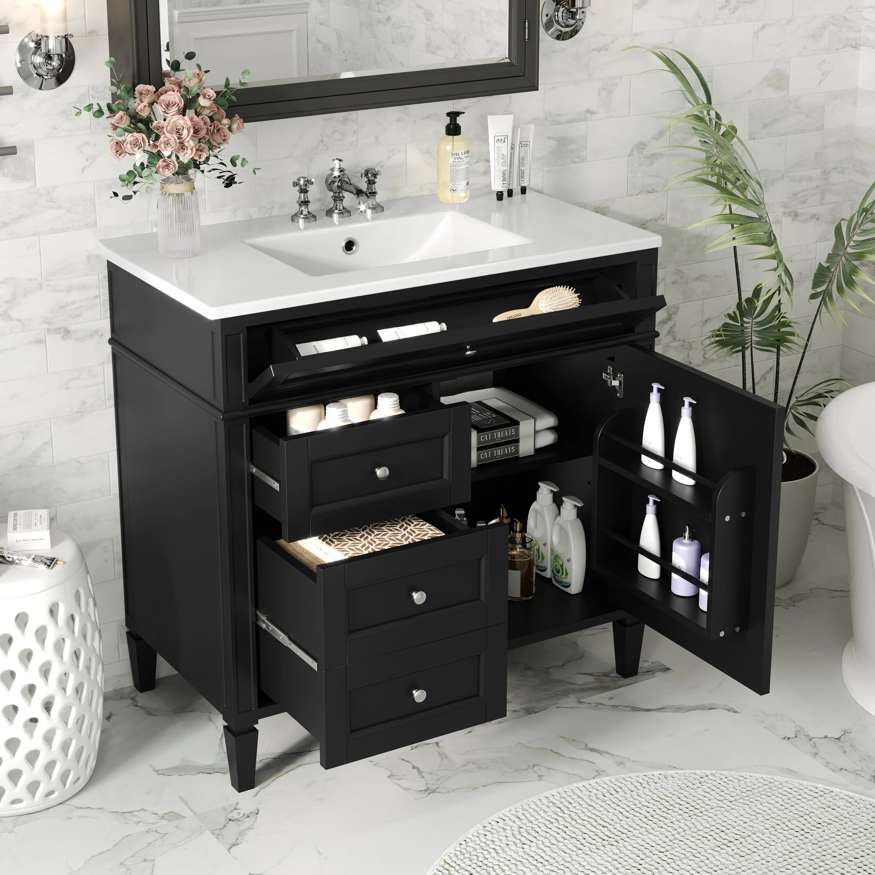 Bathroom Vanity with Single Sink, Bathroom Vanities with 2 Drawers, Bathroom Storage Cabinet with 1 Tip-Out Drawer and 1 Door