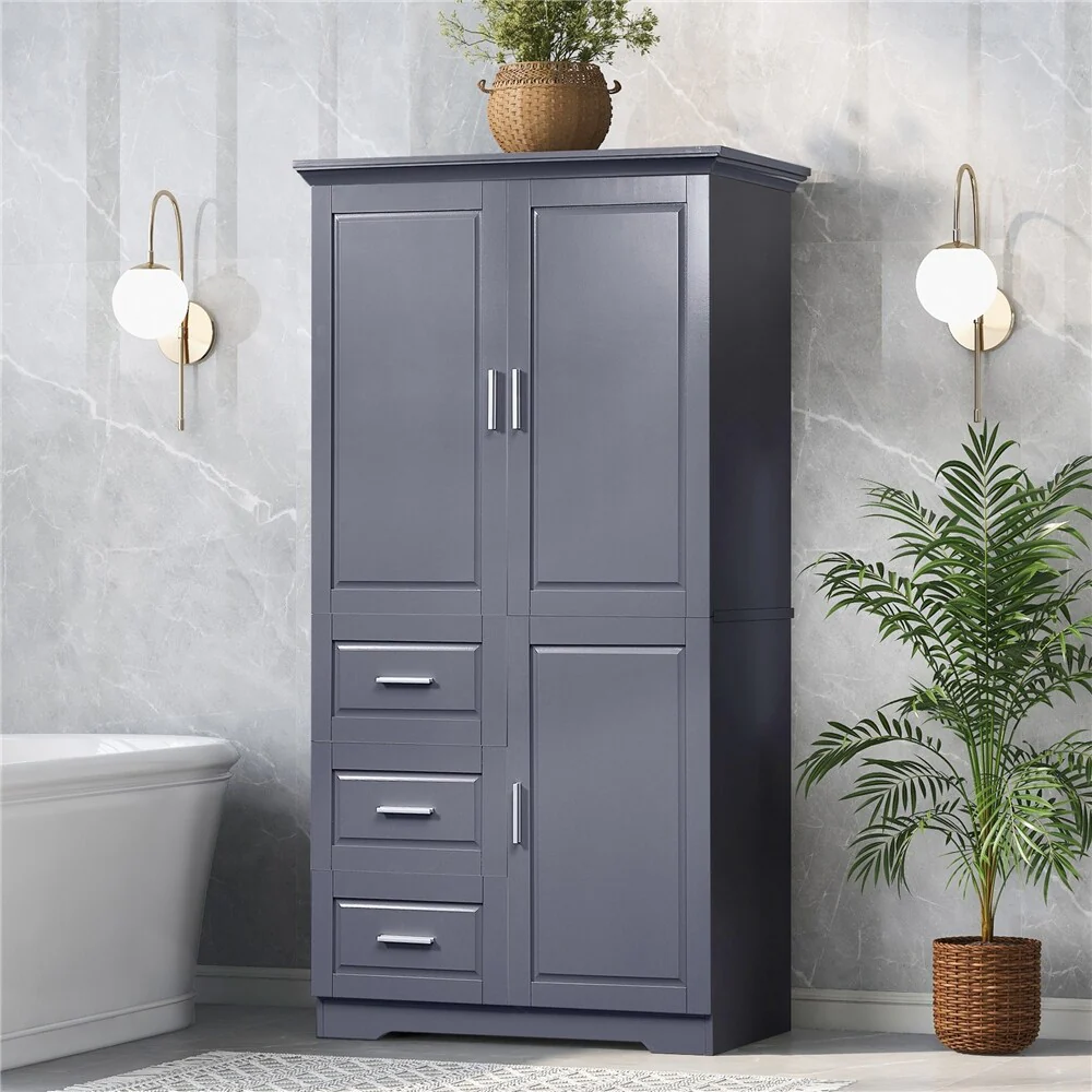 Tall and Wide Storage Cabinet with Doors for Bathroom, Three Drawers