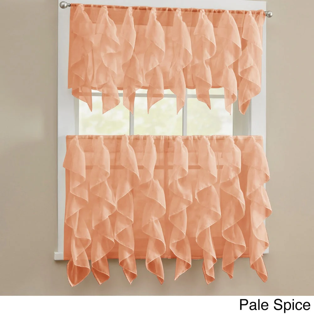 Chic Sheer Voile Vertical Ruffled Tier Window Curtain Valance and Tier
