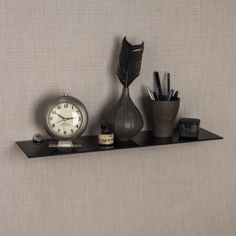 Black Smoke Glass Floating Shelf with Chrome Brackets - 24
