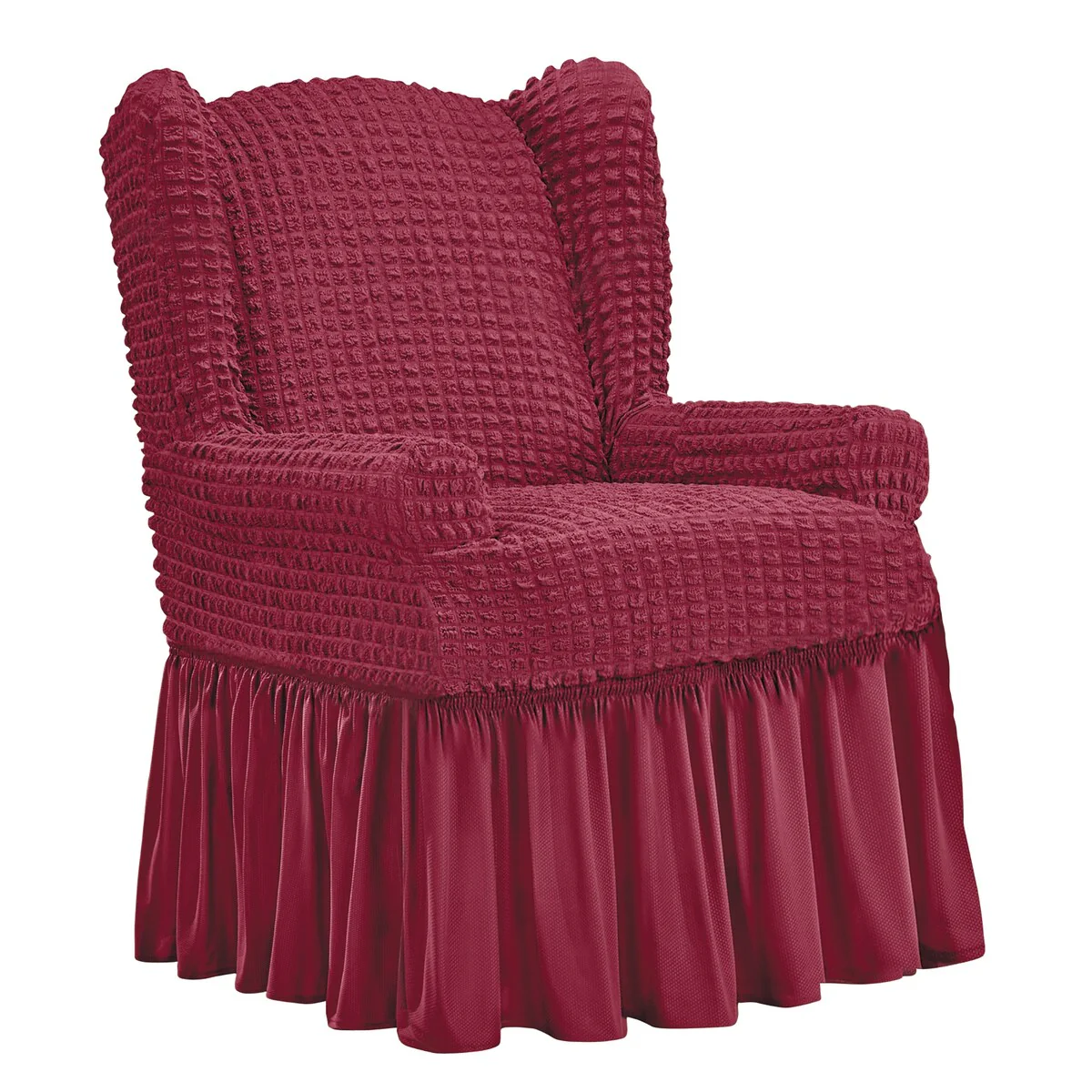 Textured Squares Ruffled Slipcover - Wing Chair
