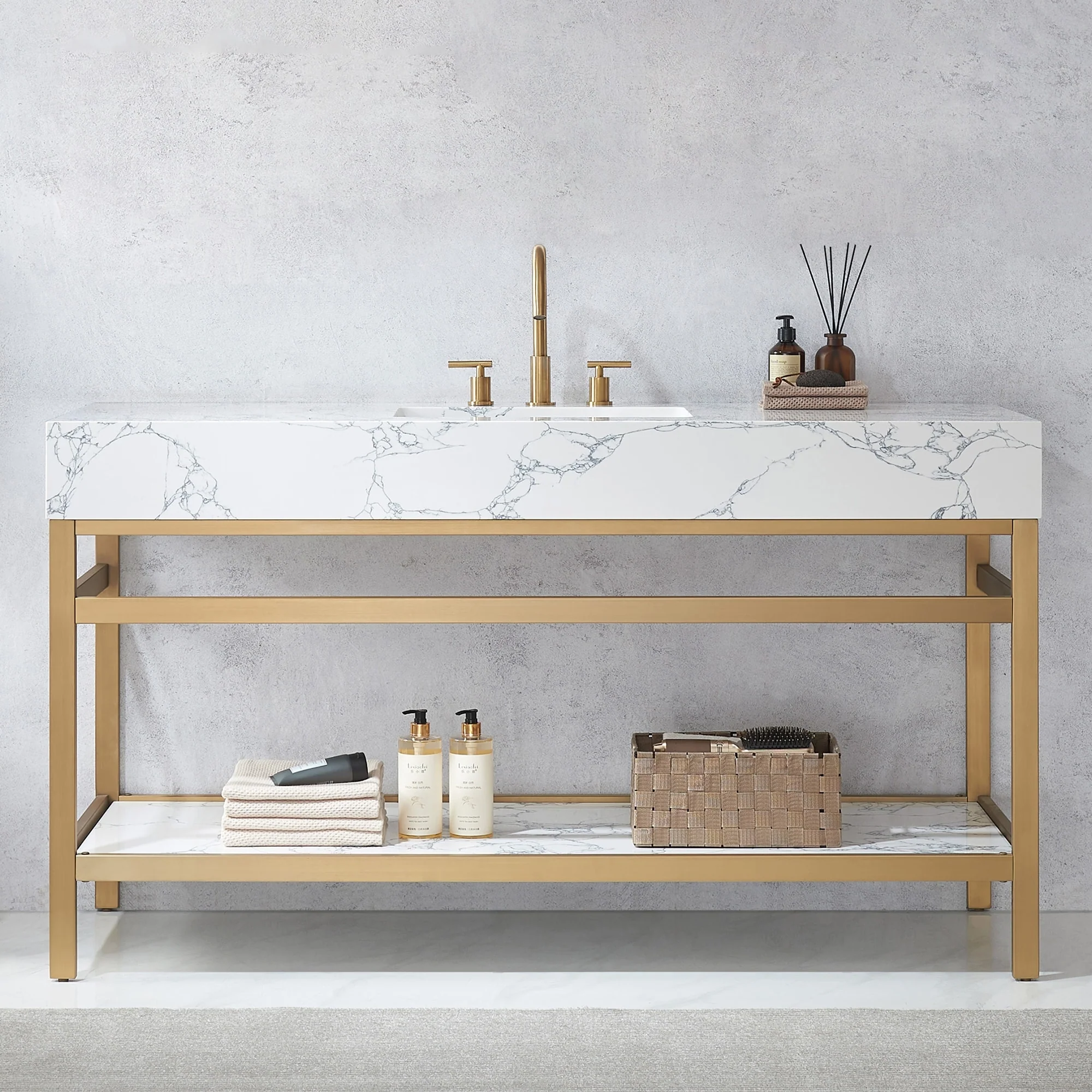 Ecija Bath Vanity, Metal Support with Composite Stone Top, no Mirror