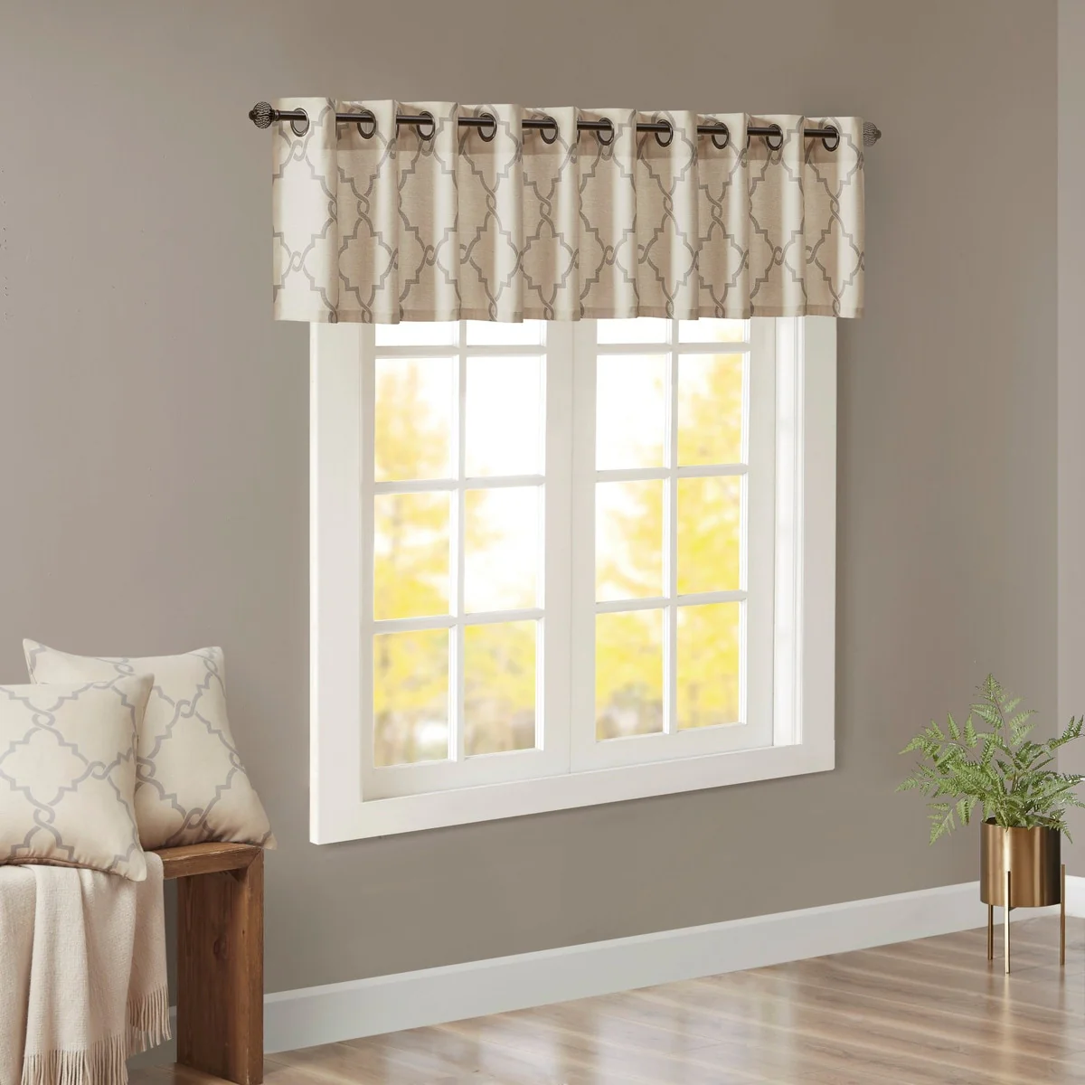 Fretwork Print Grommet Top Window Valance Beige/Grey 50x18