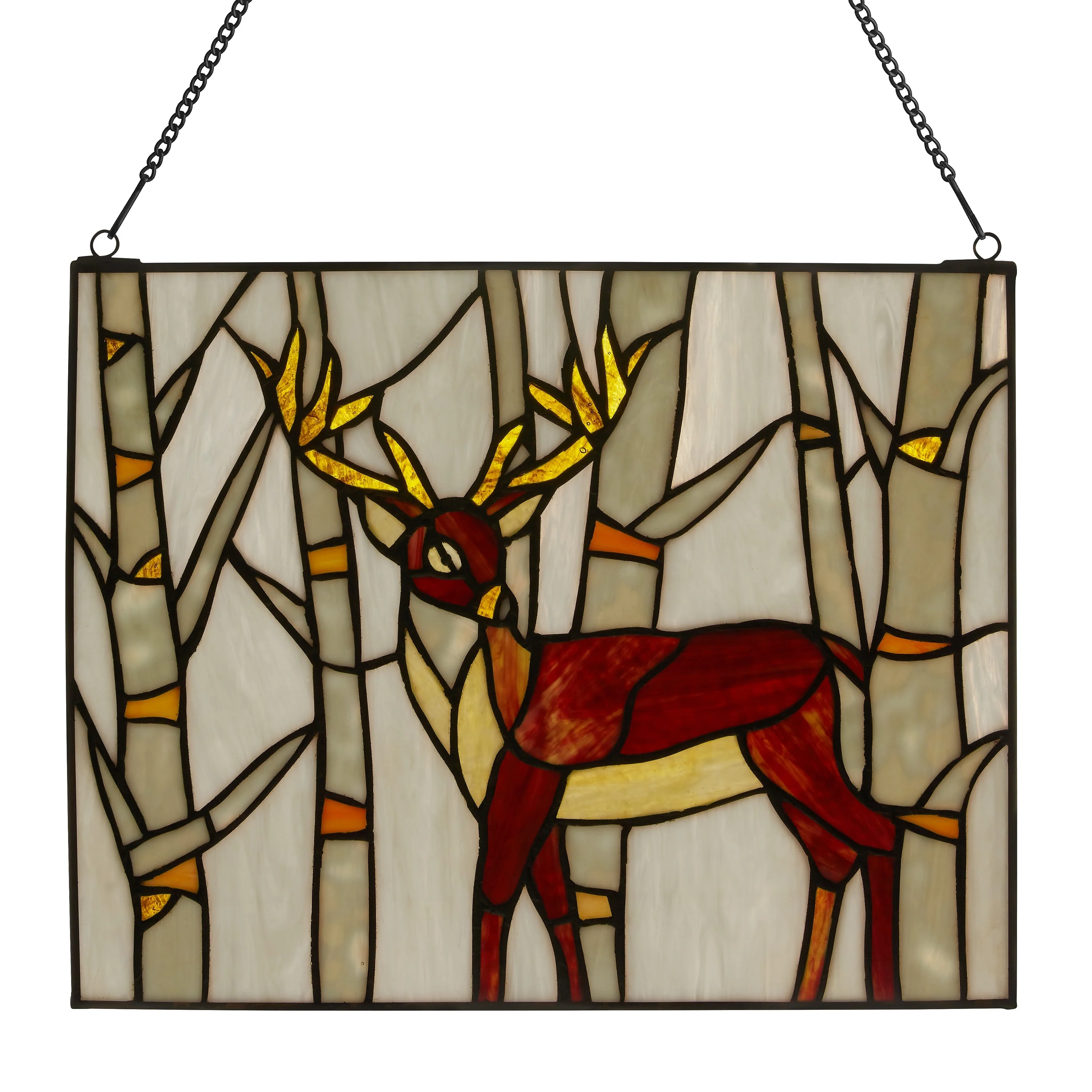 River of Goods Woodland Stag River of Goods Brown and Amber Stained Glass Window Panel - 14
