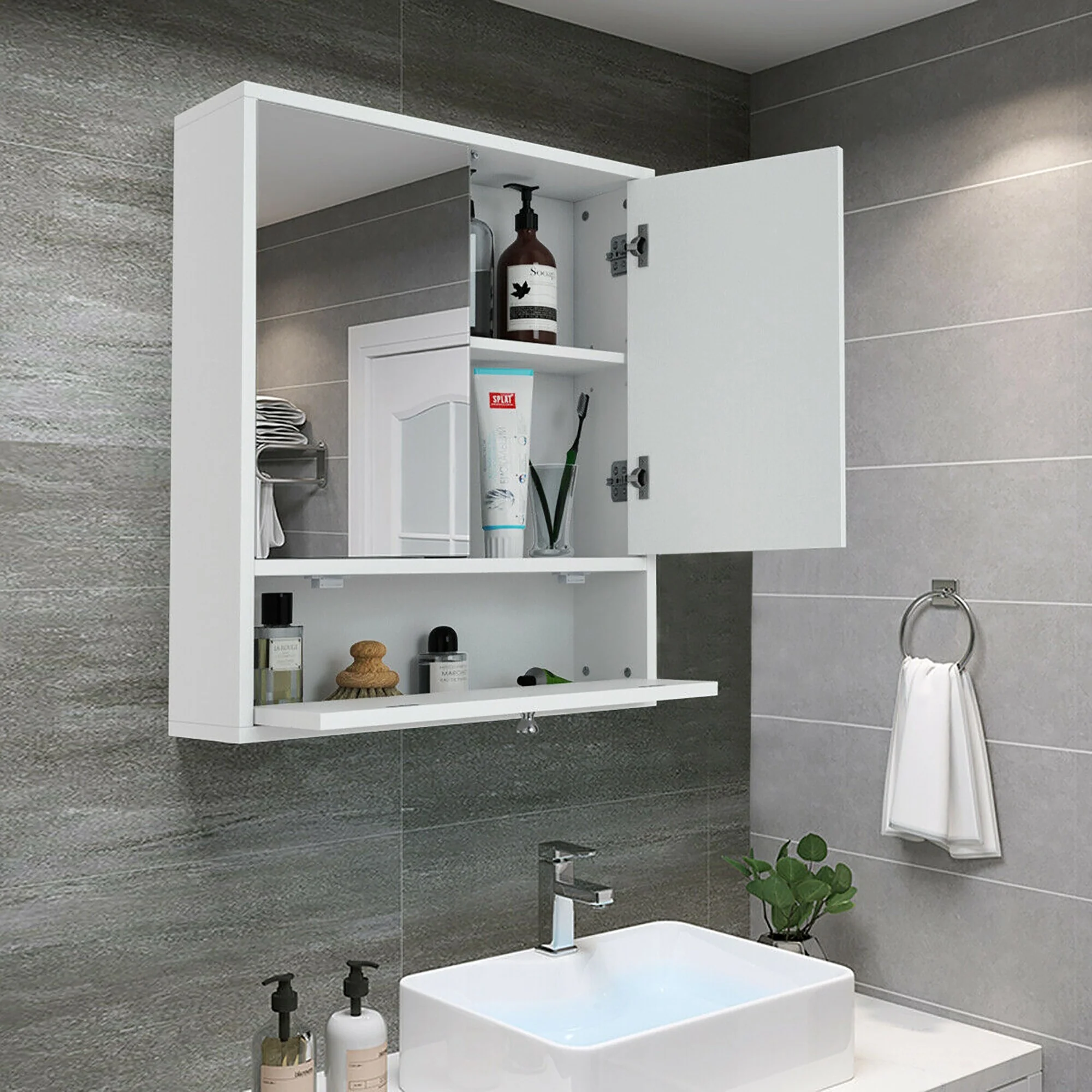 Wall Mounted Mirror Door Cabinet Bathroom Cabinet Adjustable Shelf