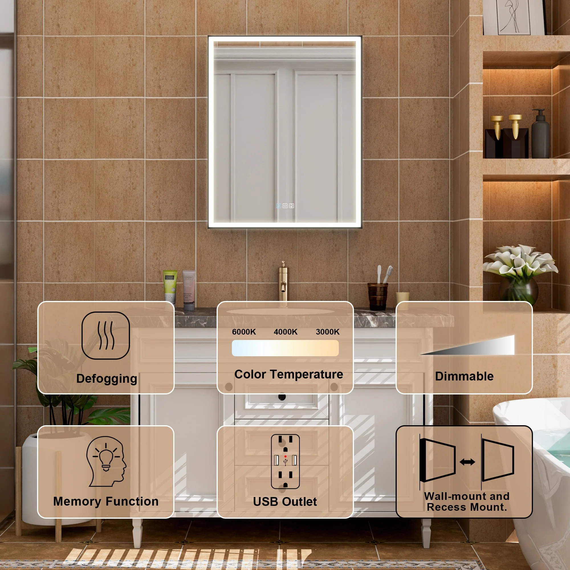 30'' H Recessed Or Surface Wall Mounted LED Mirror Cabinet With Mirror And Adjustable Shelves,Black Frame