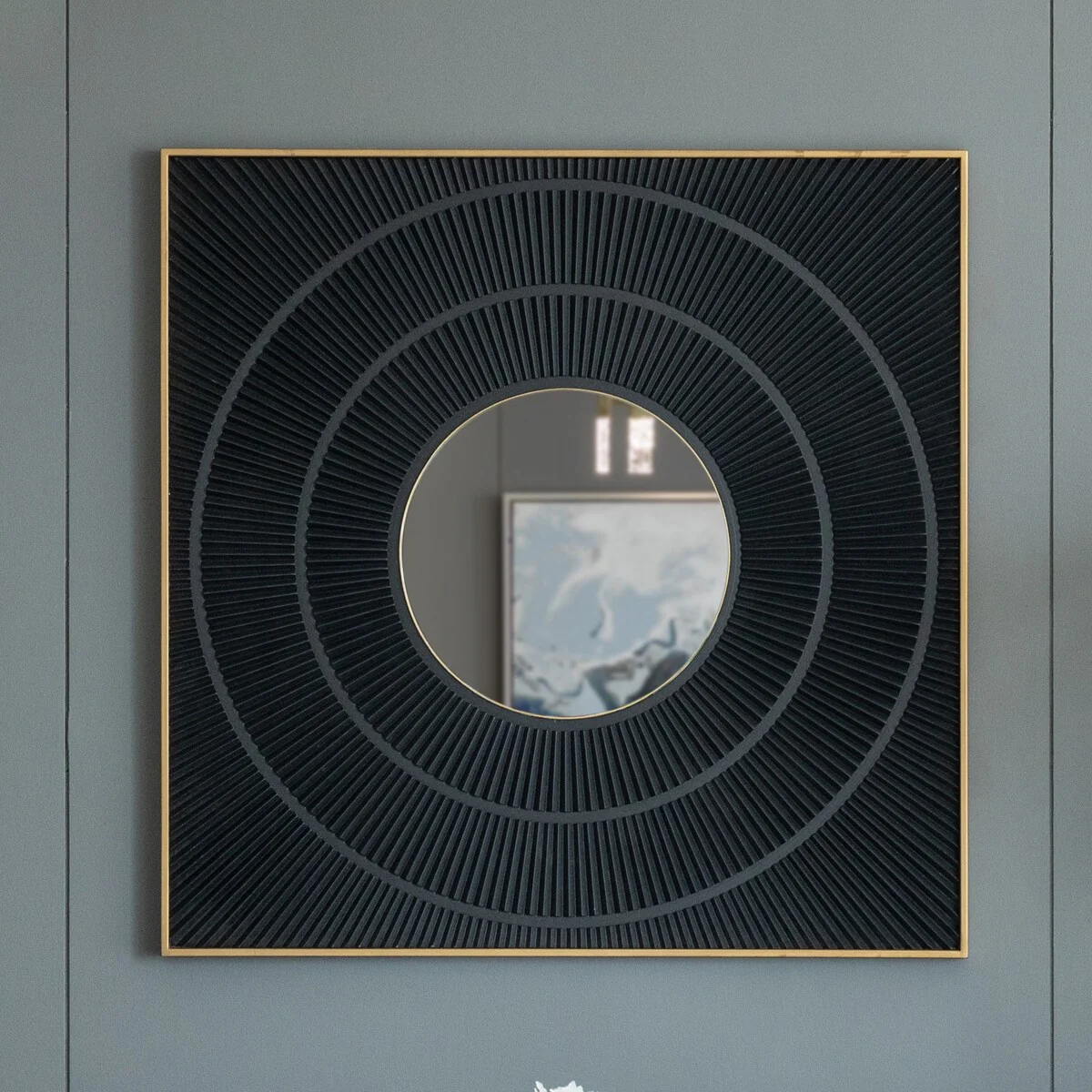 Square Carved Mirror with Pleated Design with Gold Iron Frame