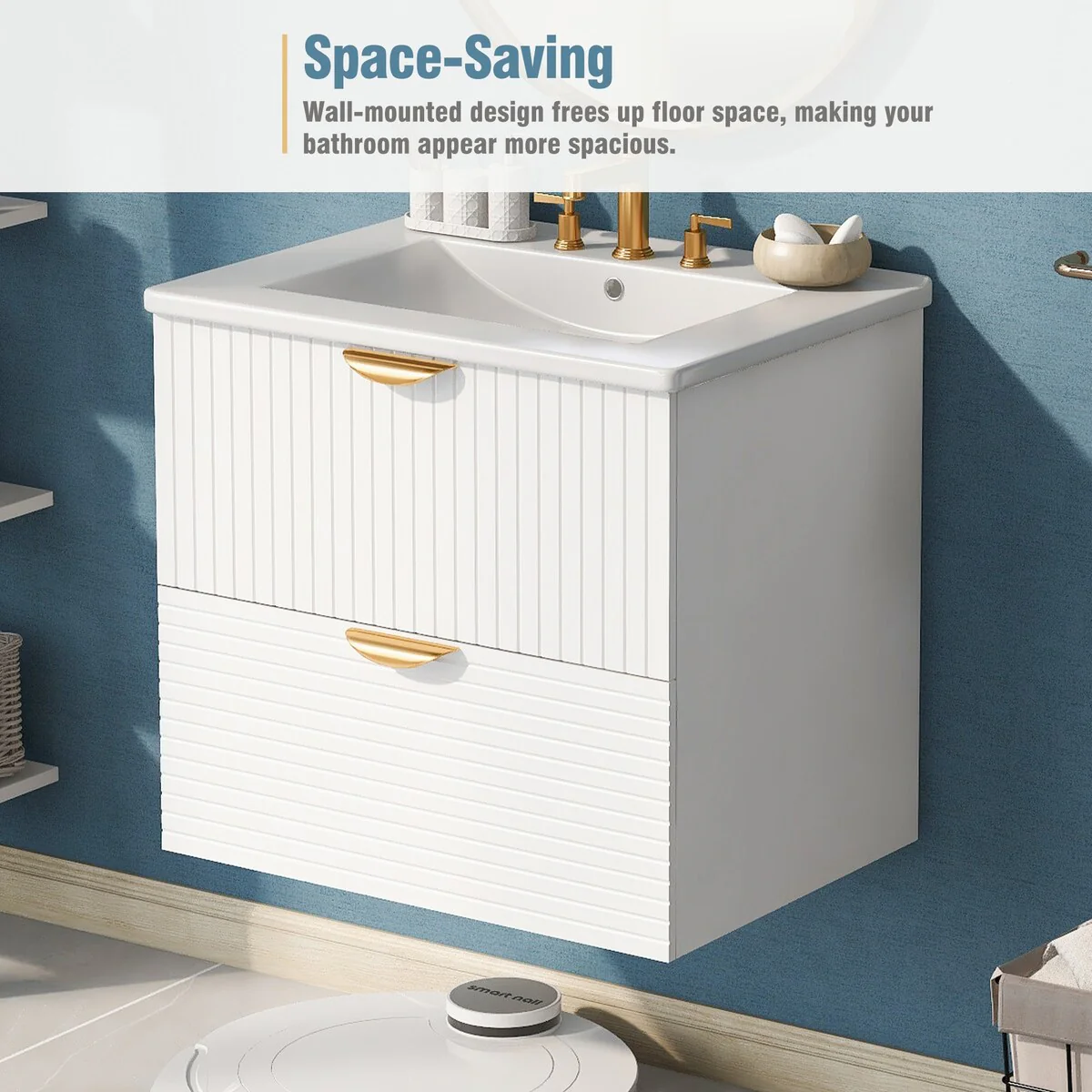 Modern 24 Inches MDF Wall-Mounted Bathroom vanity with Ceramic Sink and 2 Drawers