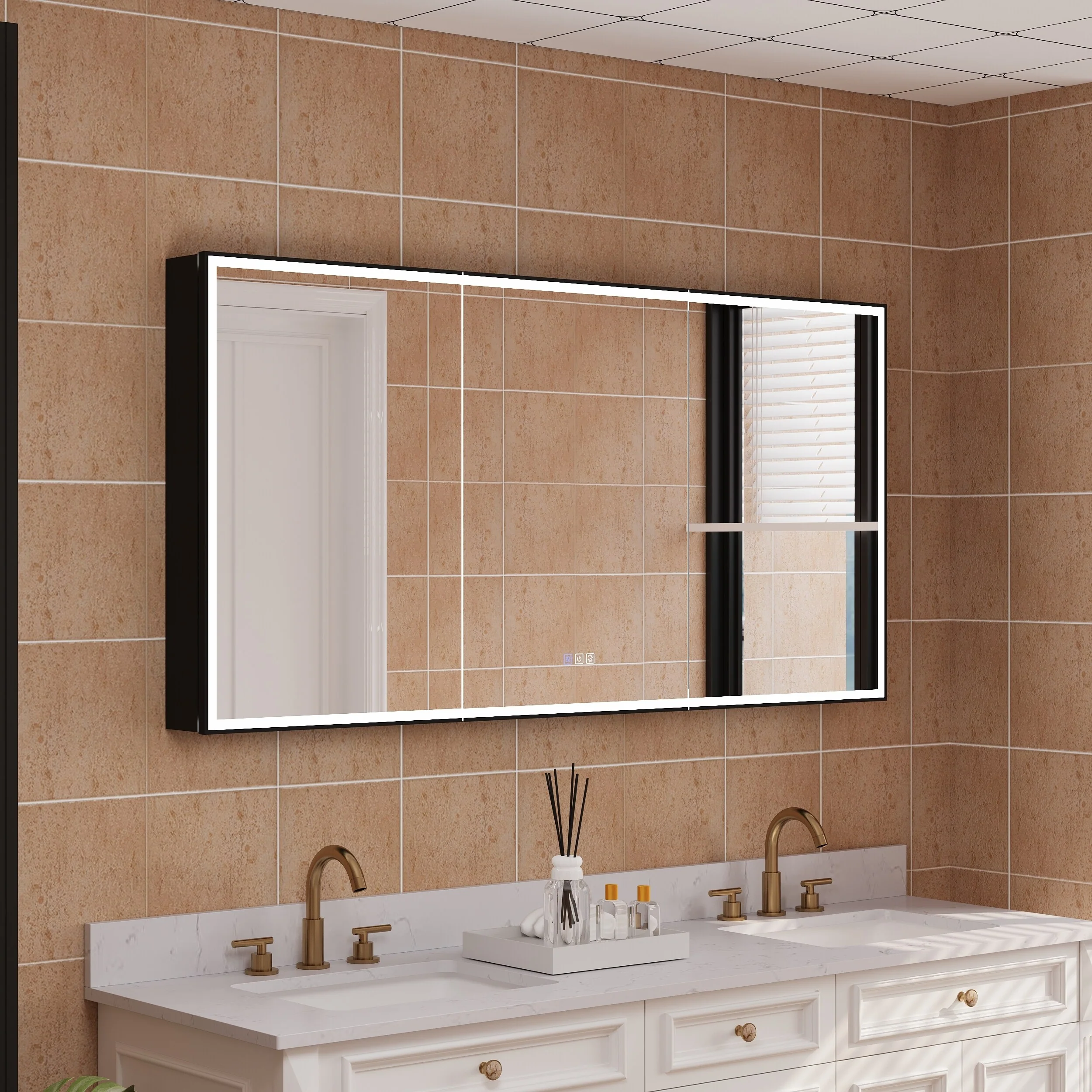 30'' H Recessed Or Surface Wall Mounted LED Mirror Cabinet With Mirror And Adjustable Shelves,Black Frame