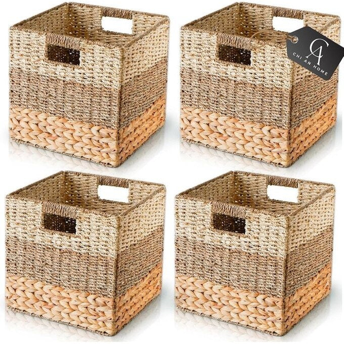 Wicker Storage Cubes Collapsible Natural Wicker Cube Storage Box Heavy Duty Hyacinth Storage Basket Set of 4