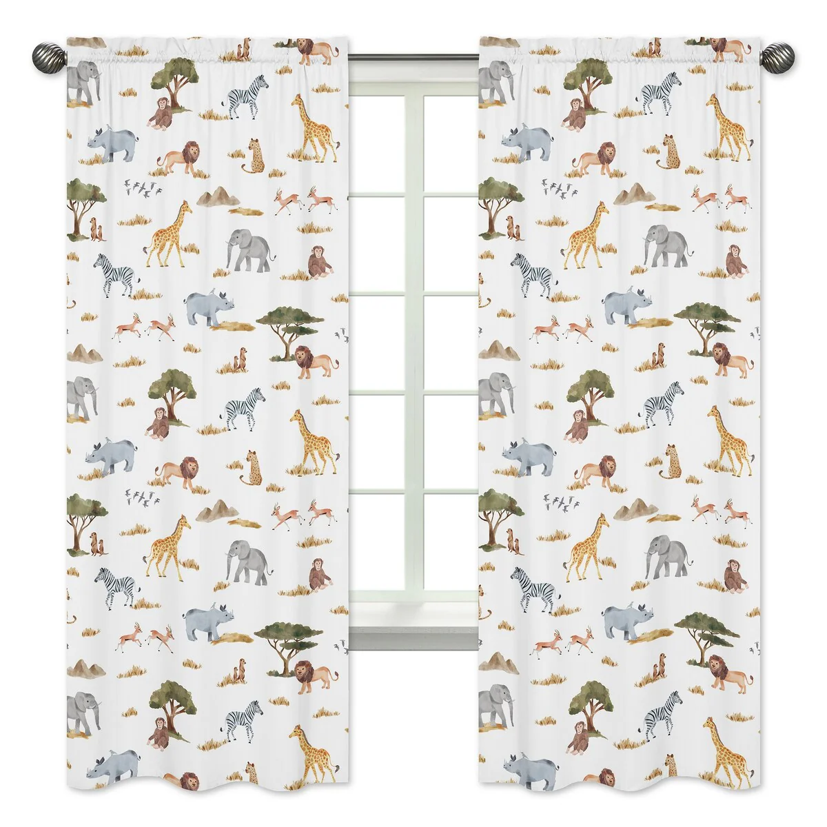 Jungle Animal 84in Window Treatment Curtain Panels Hunter Green Grey Black and White Safari Elephant Giraffe Lion Monkey Leopard