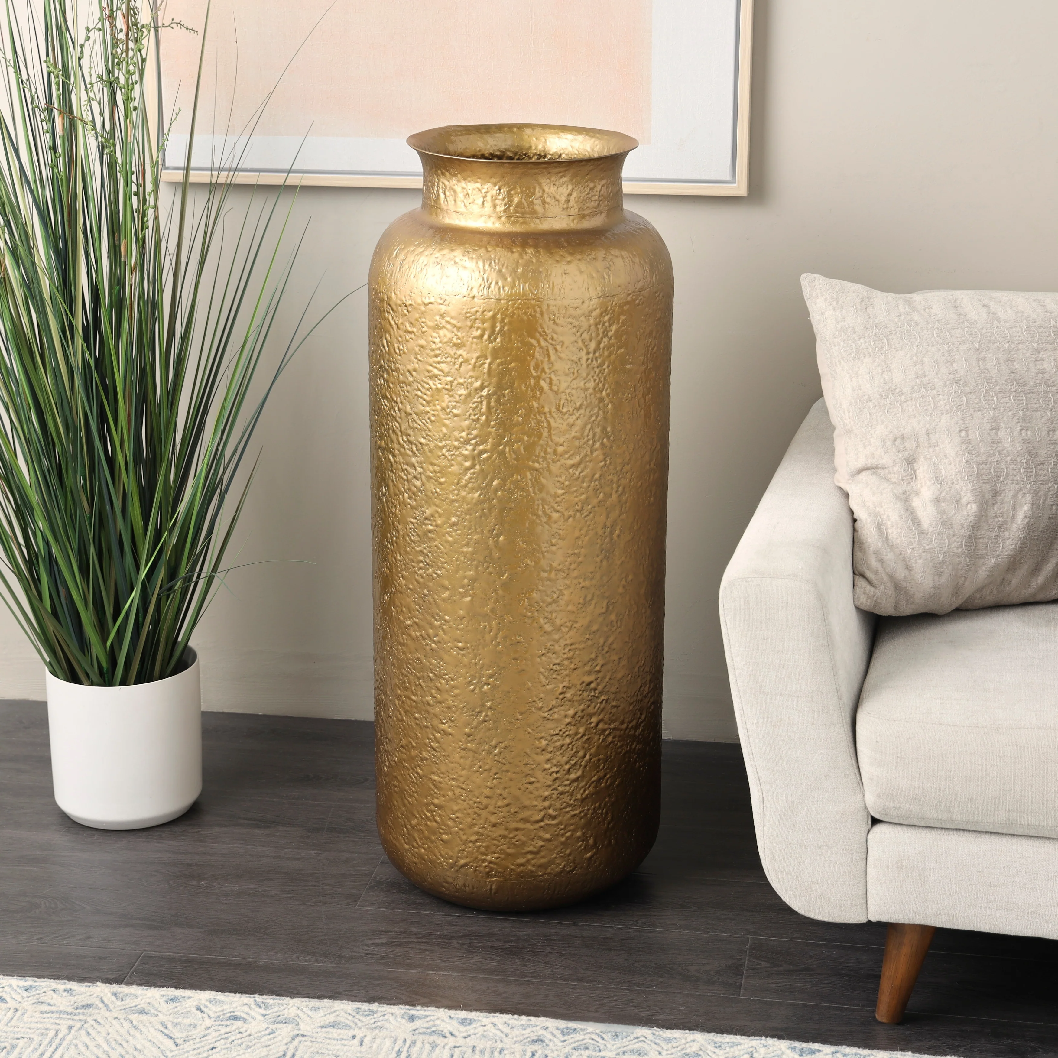 Gold Metal Tall Textured Hammered Floor Vase