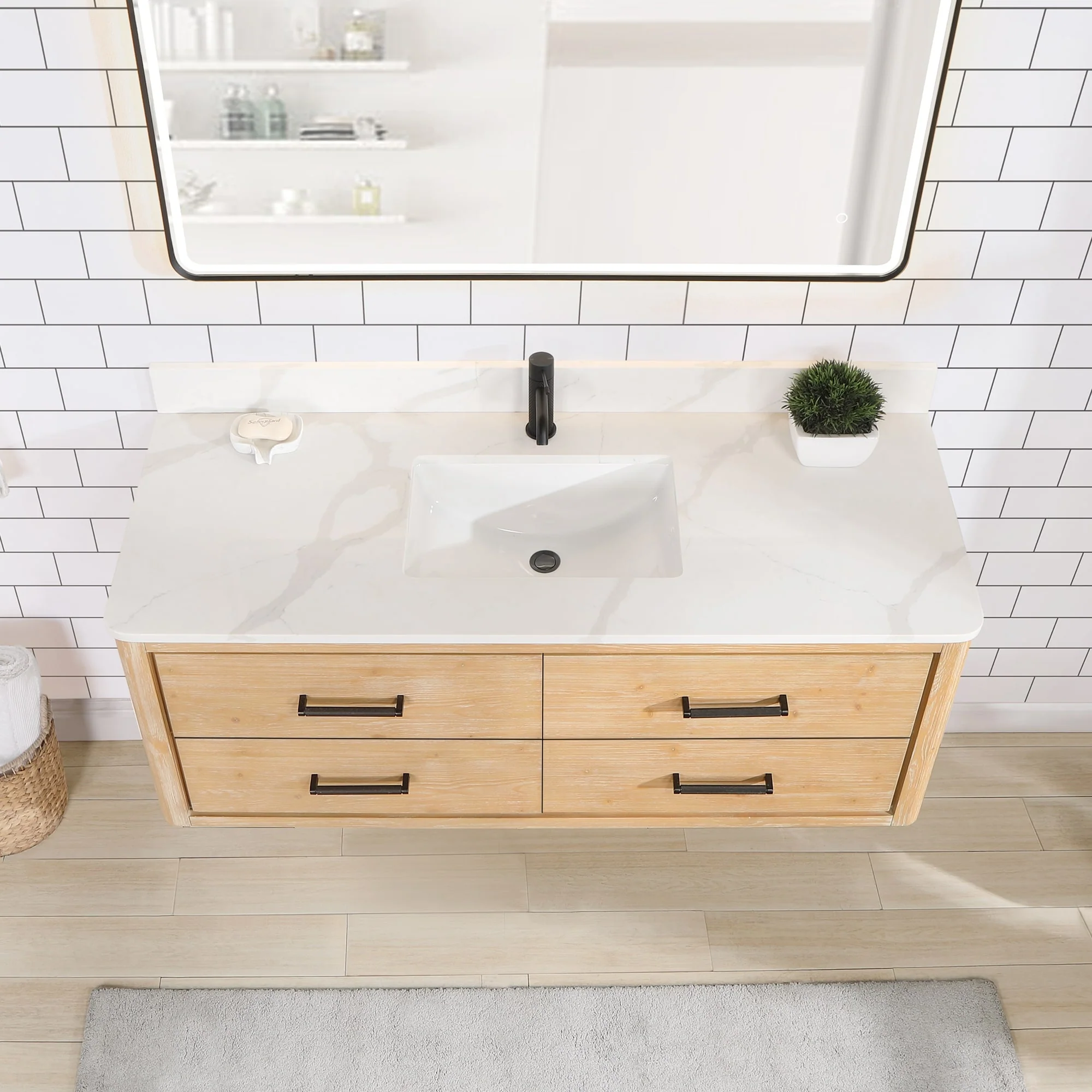 Cristo Floating Bath Vanity with White Quartz Stone Top and Mirror