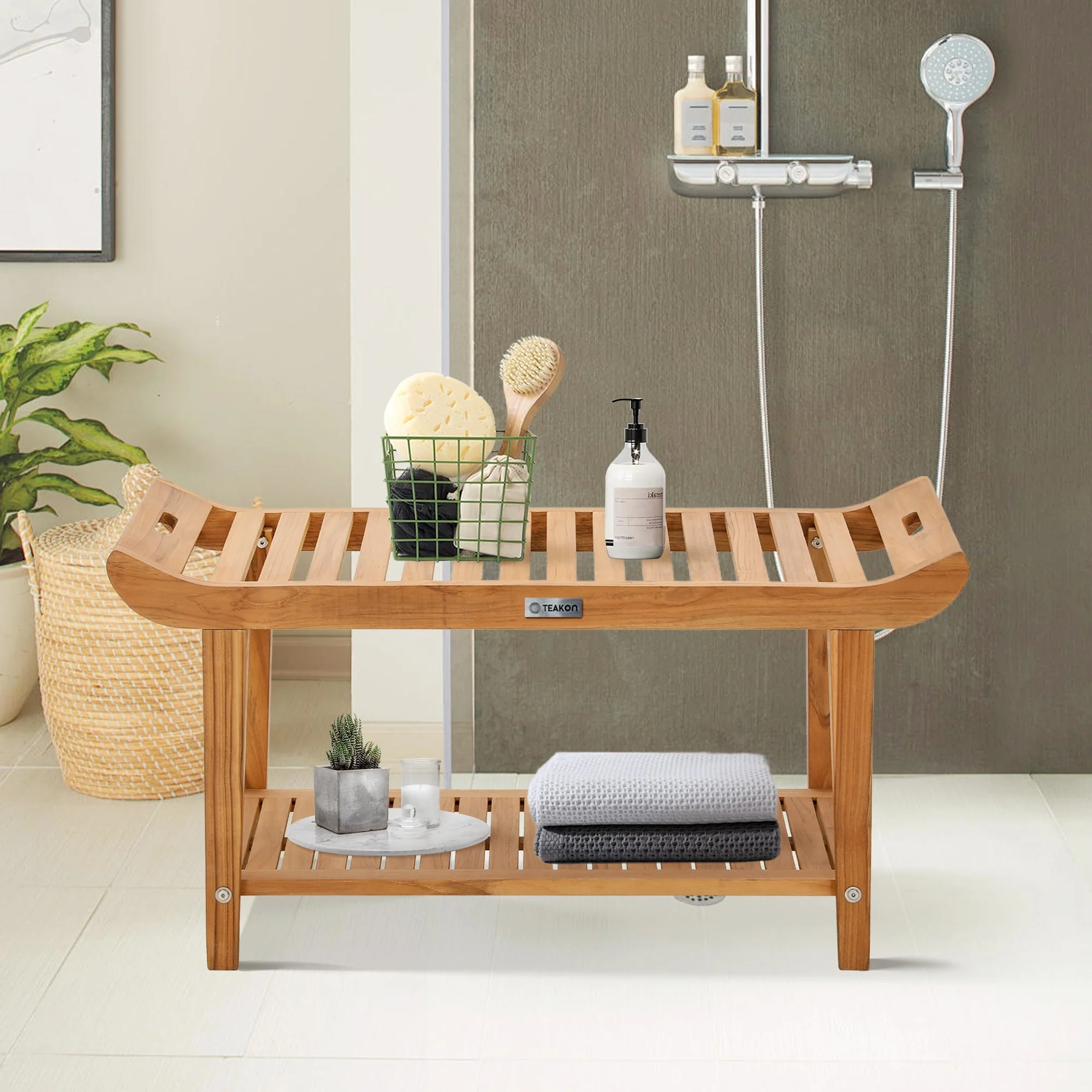 Bathroom Stool with Storage Shelf, Teak Shower Bench Waterproof Wood Bench, Shower Seat