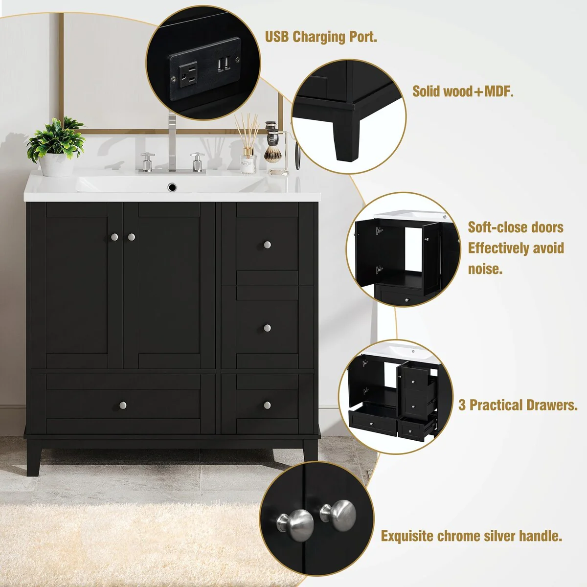 Modern 36-Inch Bathroom Vanity with Resin Sink and Ample Storage