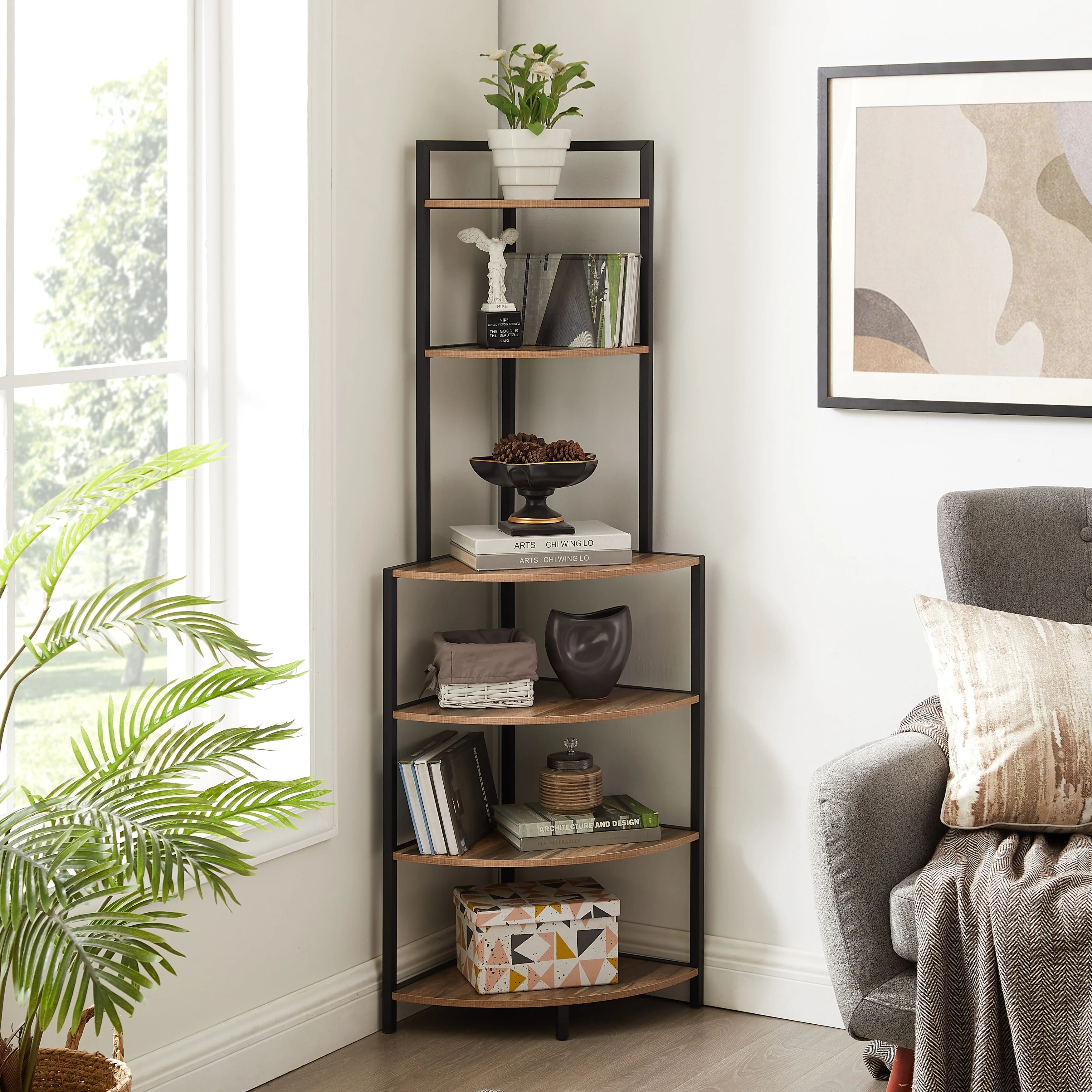 Modern Corner 6-Tier Open Shelf Wood Bookcase