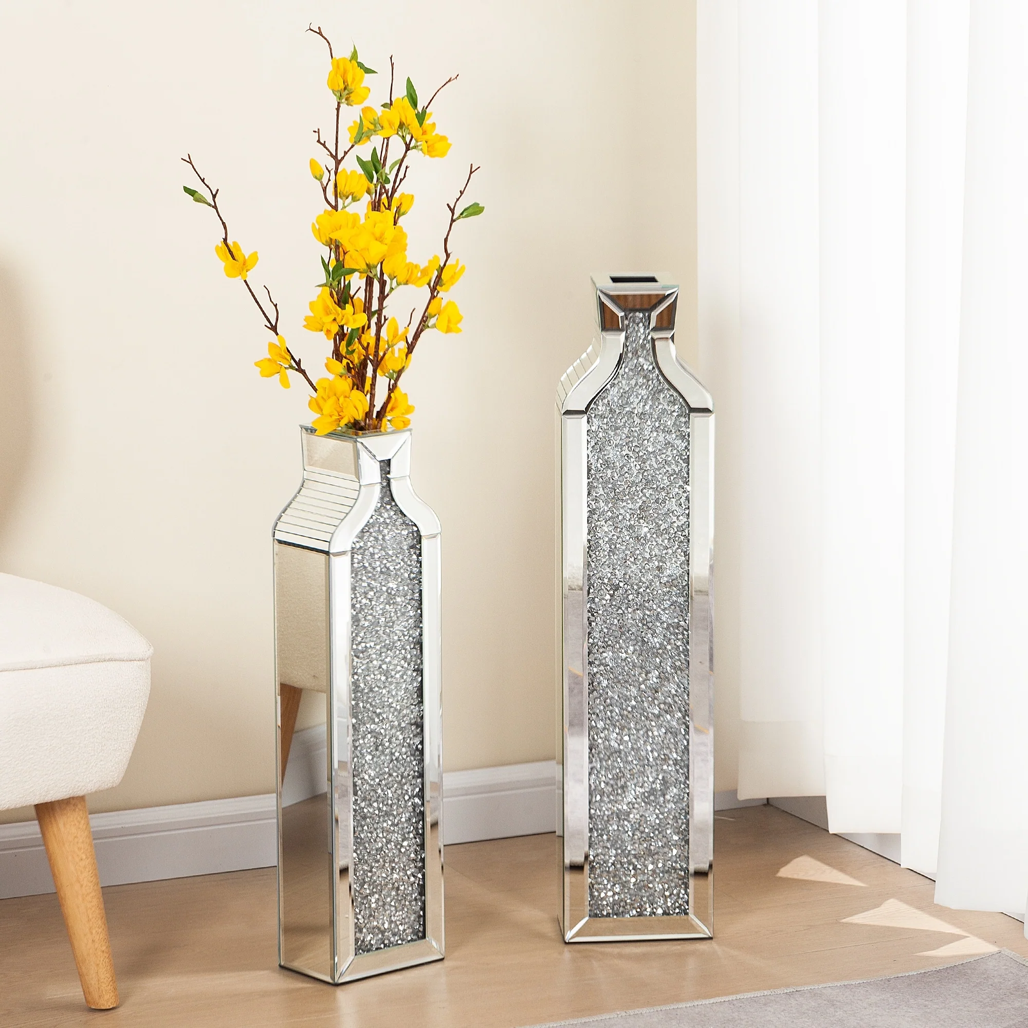 Tall Crushed Diamond Mirrored Floor Vases,Set of 2