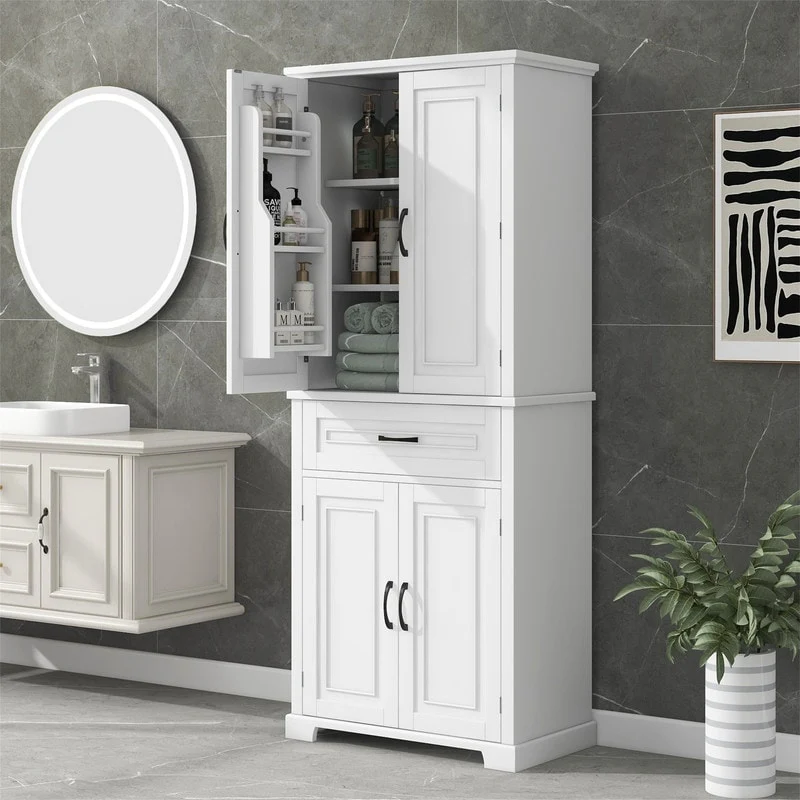 Bathroom Floor Cabinet, Freestanding Storage Cabinet with Doors and Drawer, Kitchen Cupboard with Adjustable Shelf