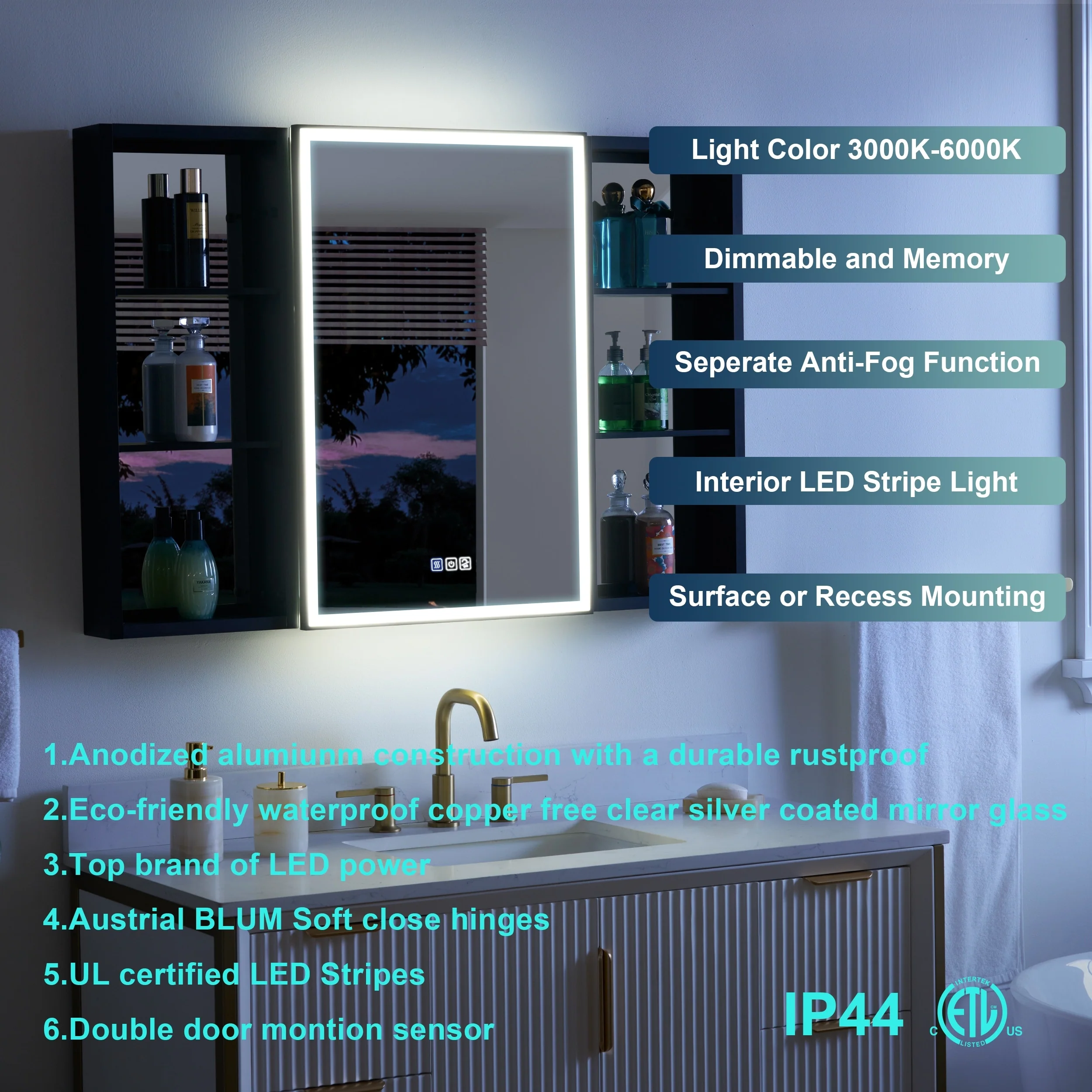 30 in. H Recessed or Surface Wall Mounted LED Mirror Cabinet With Black Side Cabinet