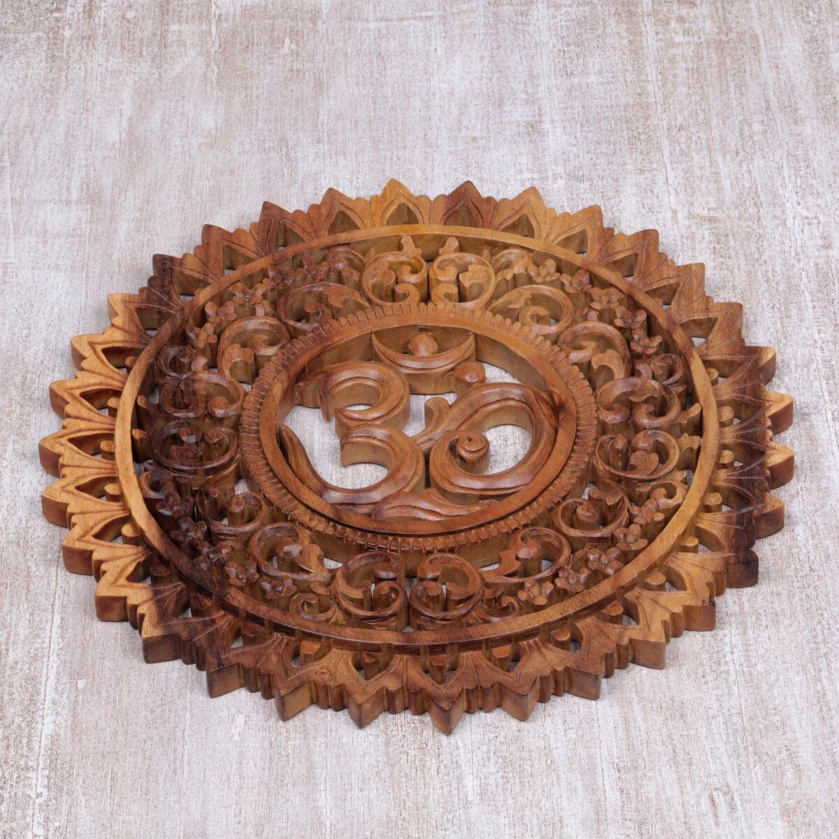 Handmade Lotus Om Wood Relief Panel (Indonesia)