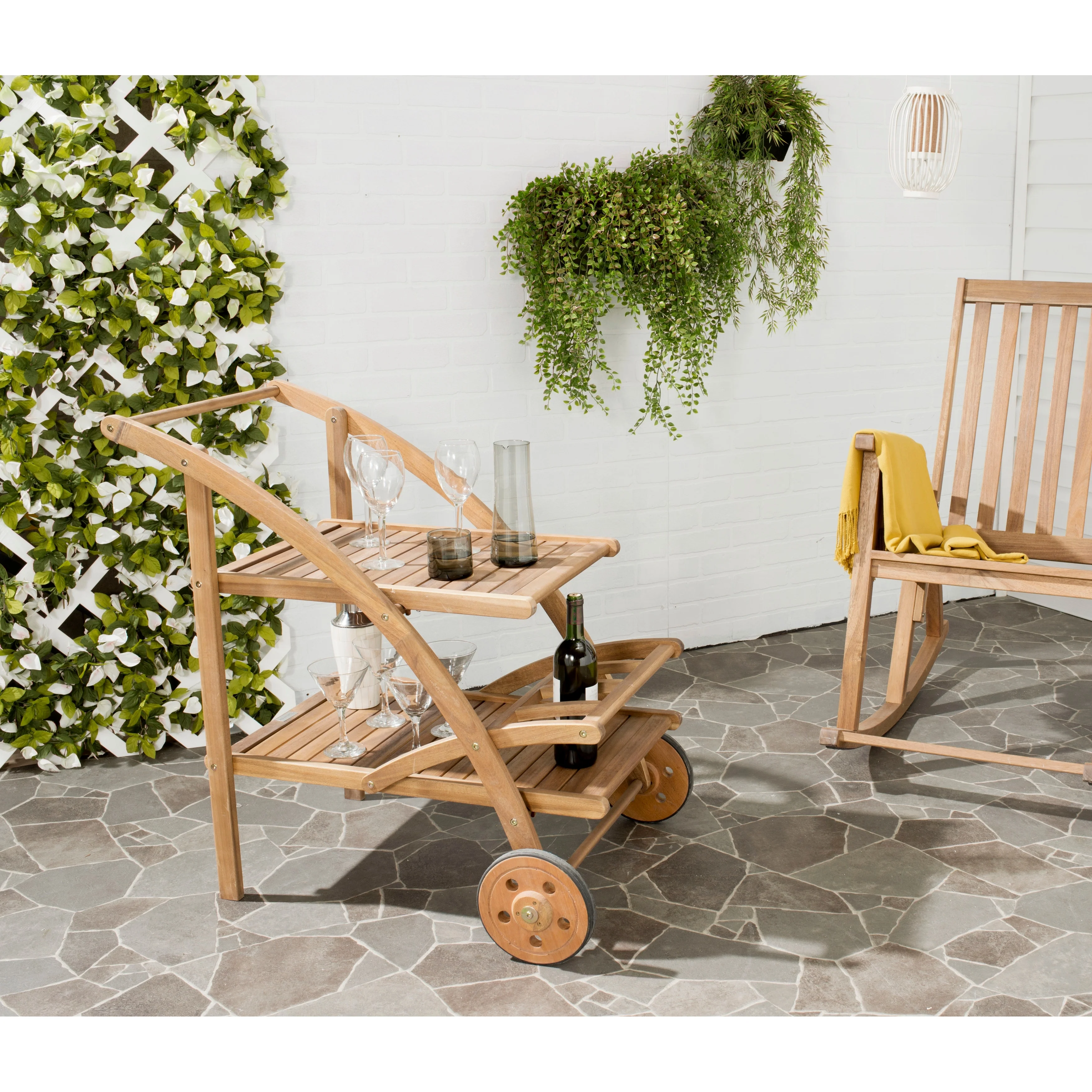 SAFAVIEH Outdoor Johana Acacia Wood Tea Cart - 25Wx34Dx34H
