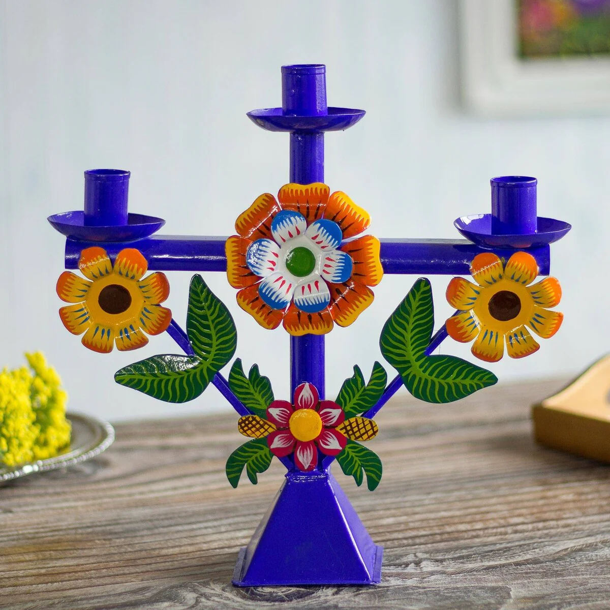 NOVICA Margarita Temple in Blue Recycled metal candelabra,