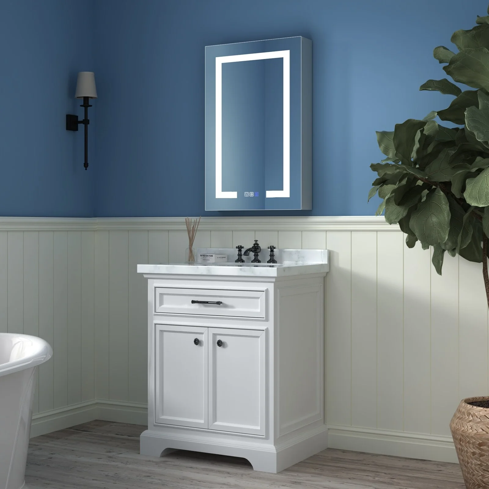 ExBrite 3 Touch Switch LED Lighted Bathroom Medicine Cabinet with Mirror, Recessed or Surface Mount, Defog, Stepless Dimming