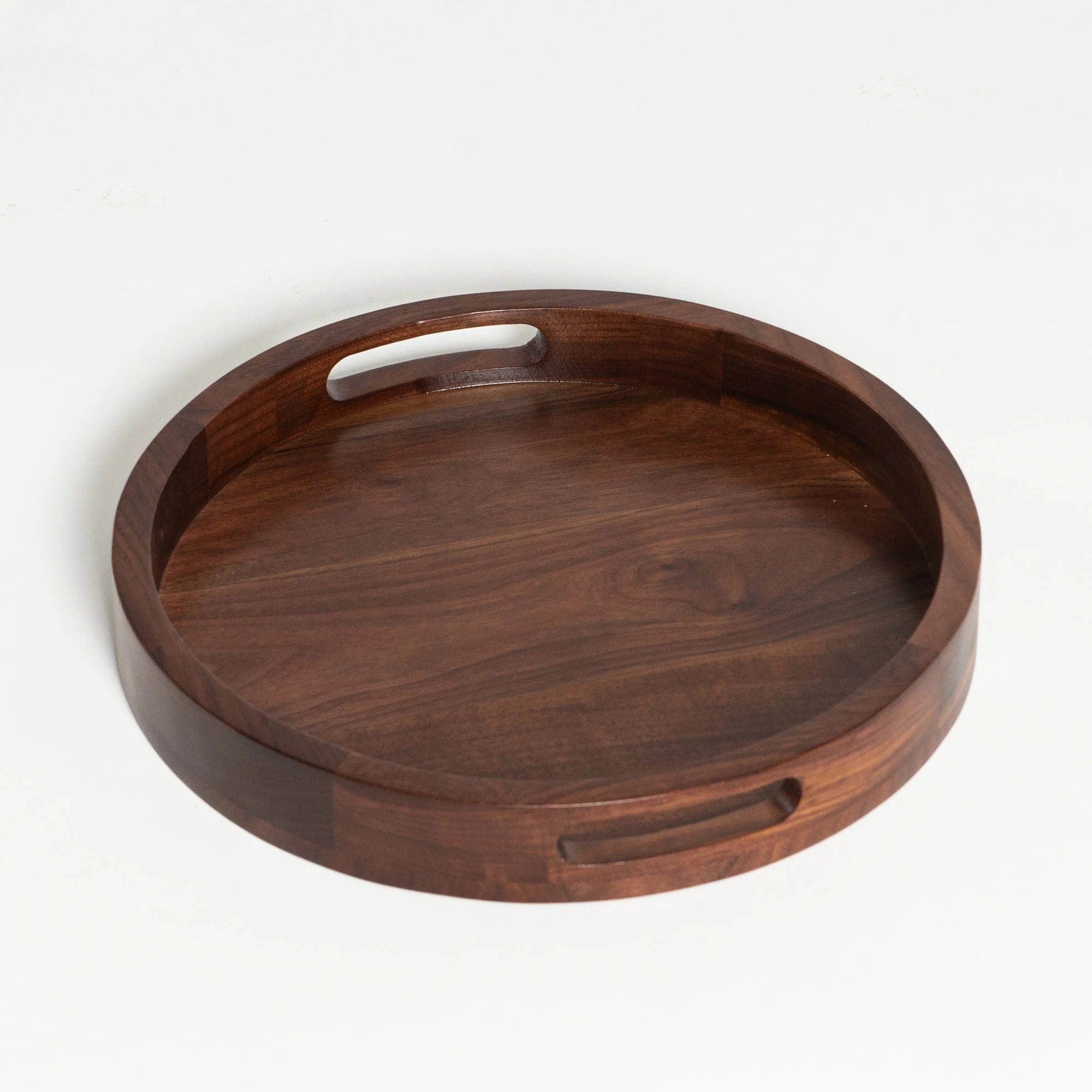 KINWELL Round Black Walnut Wood Serving Tray Ottoman Tray with Handles