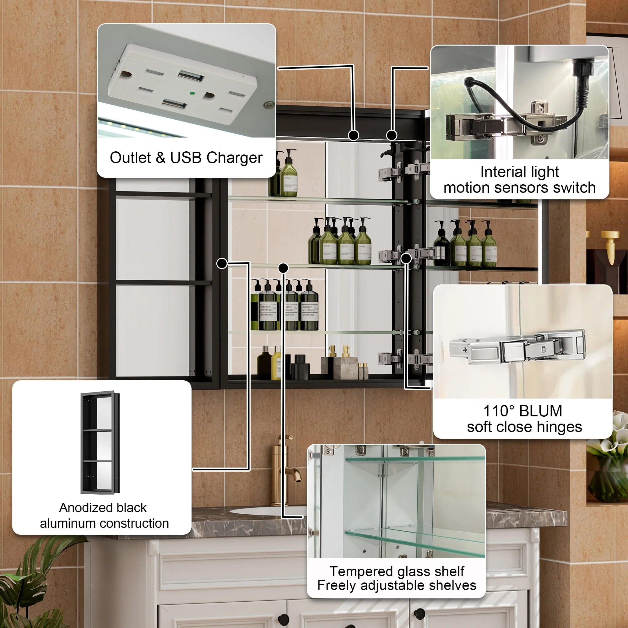 30 in. H Recessed or Surface Wall Mounted LED Mirror Cabinet With Black Side Cabinet