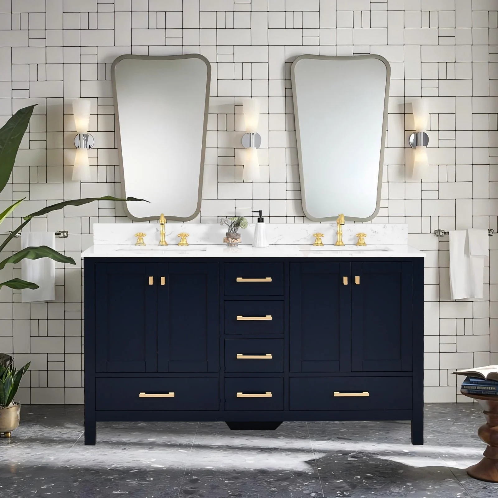 Prismora 60 in. Midnight Blue Vanity with Countertop & Splash, Double Sinks