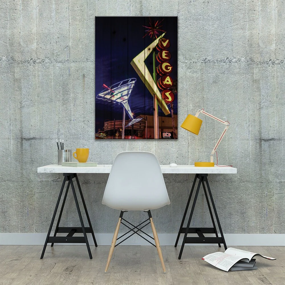 Neon Martini Glass And Vegas Signs At Night, Fremont East Entertainment District, Las Vegas Print On Wood by Julien McRoberts