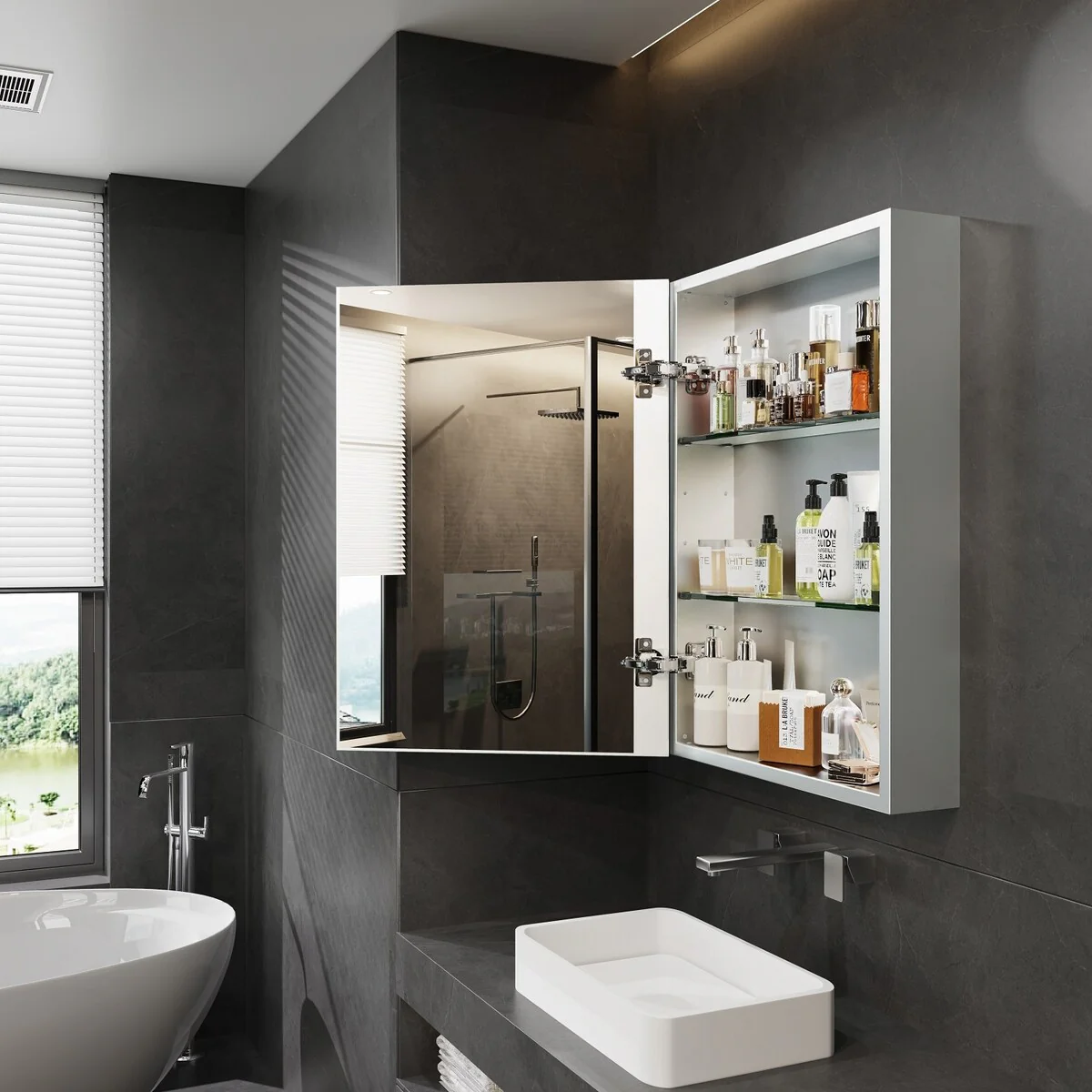 Double Side Frameless Mirrored Medicine Cabinet with 2 Adjustable Tempered Glass Shelves