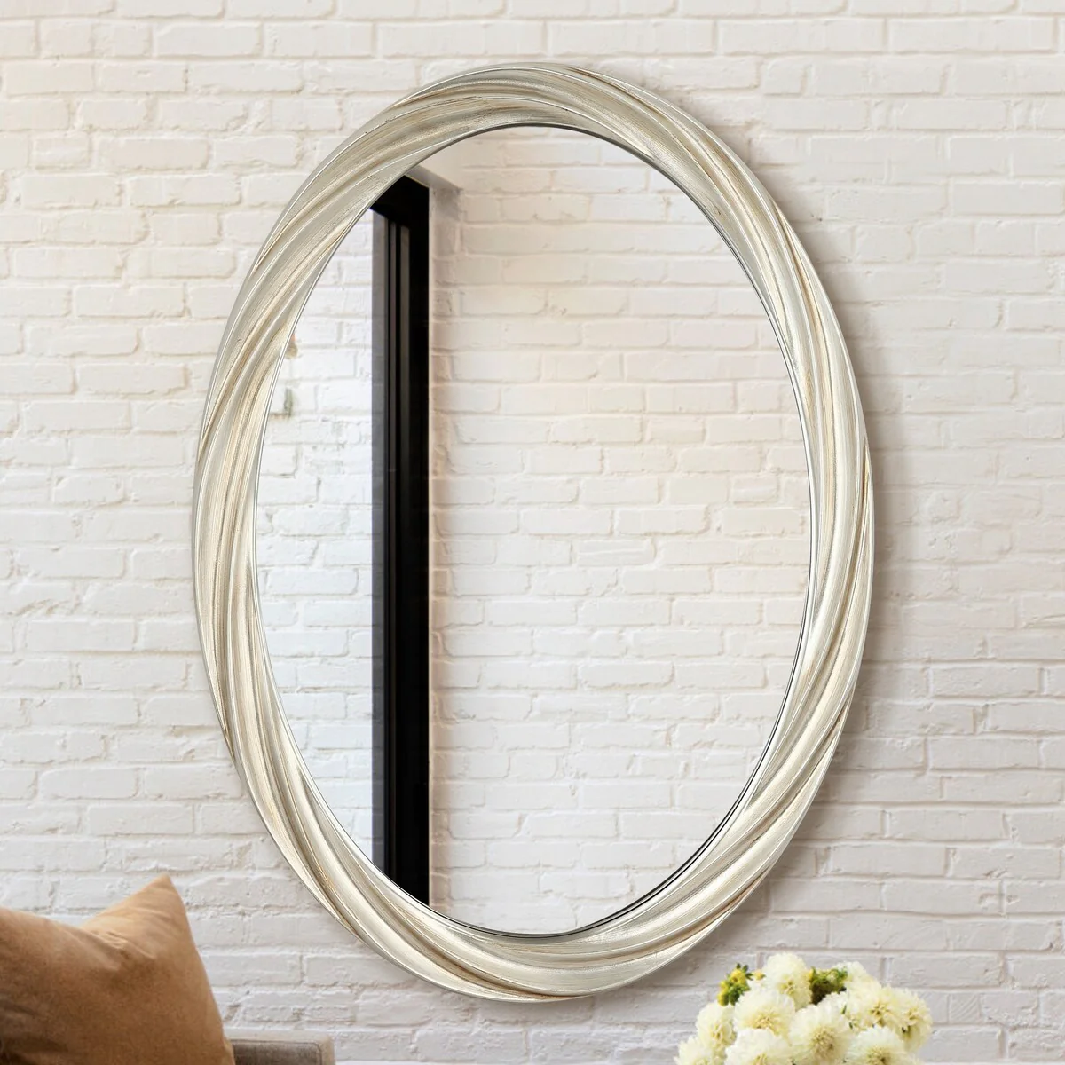 30-in Modern Beige Oval Framed Decorative Wall Bathroom Vanity Mirror