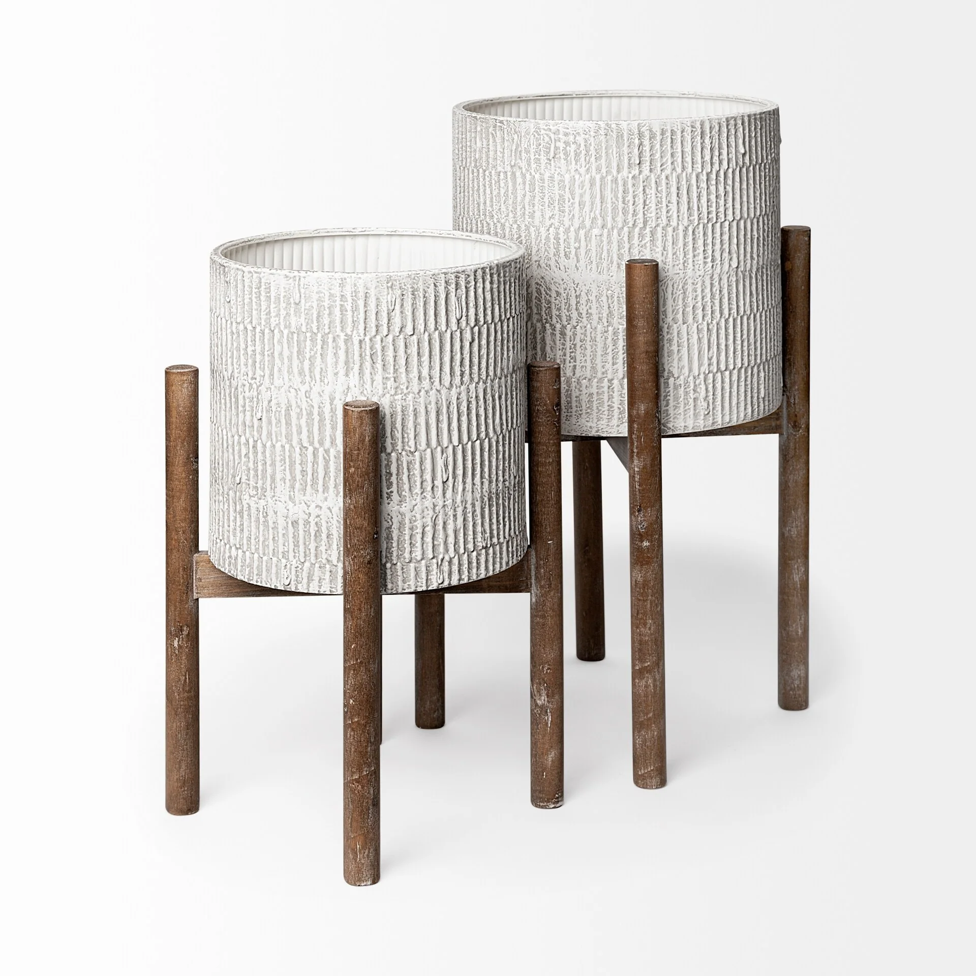 Groot Off-White Metal w/Brown Solid Wood Base Plant Stands (Set of 2)