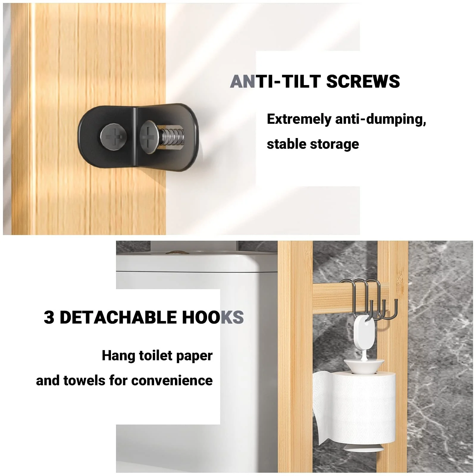 Over The Toilet Storage Shelf, Bamboo 3-Tier Above Toilet Storage Rack with 3 Hooks