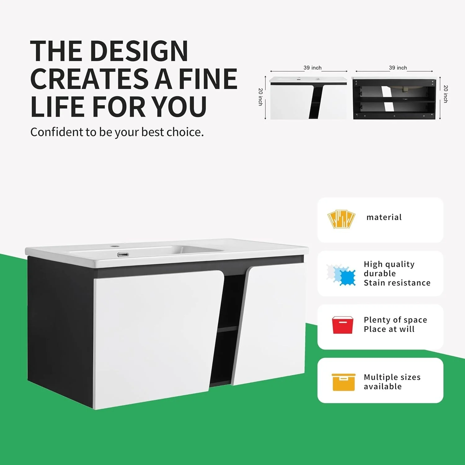 BNK 28/ 32/36/40 Inch Single Sink Bathroom Vanity with Soft Close Door, Modern Floating Vanity