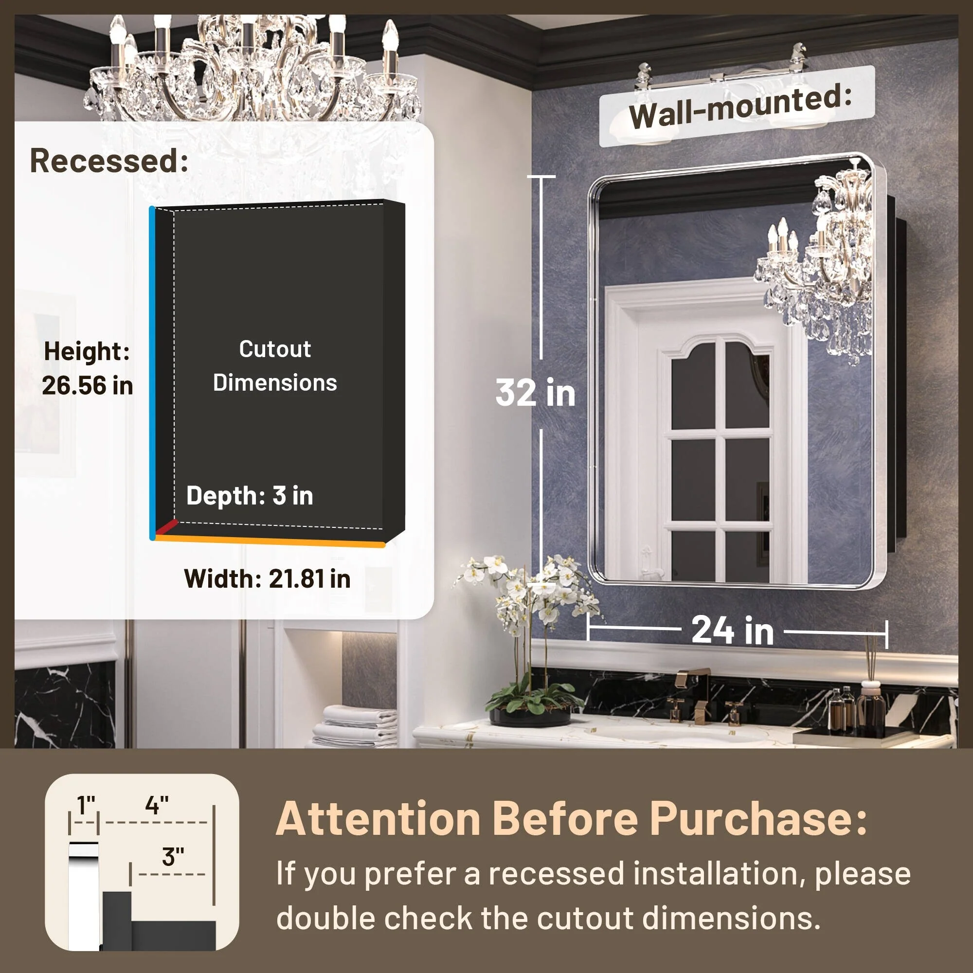 KEONJINN Medicine Cabinets for Bathroom with Mirror, Stainless Steel 1-3 Framed Doors