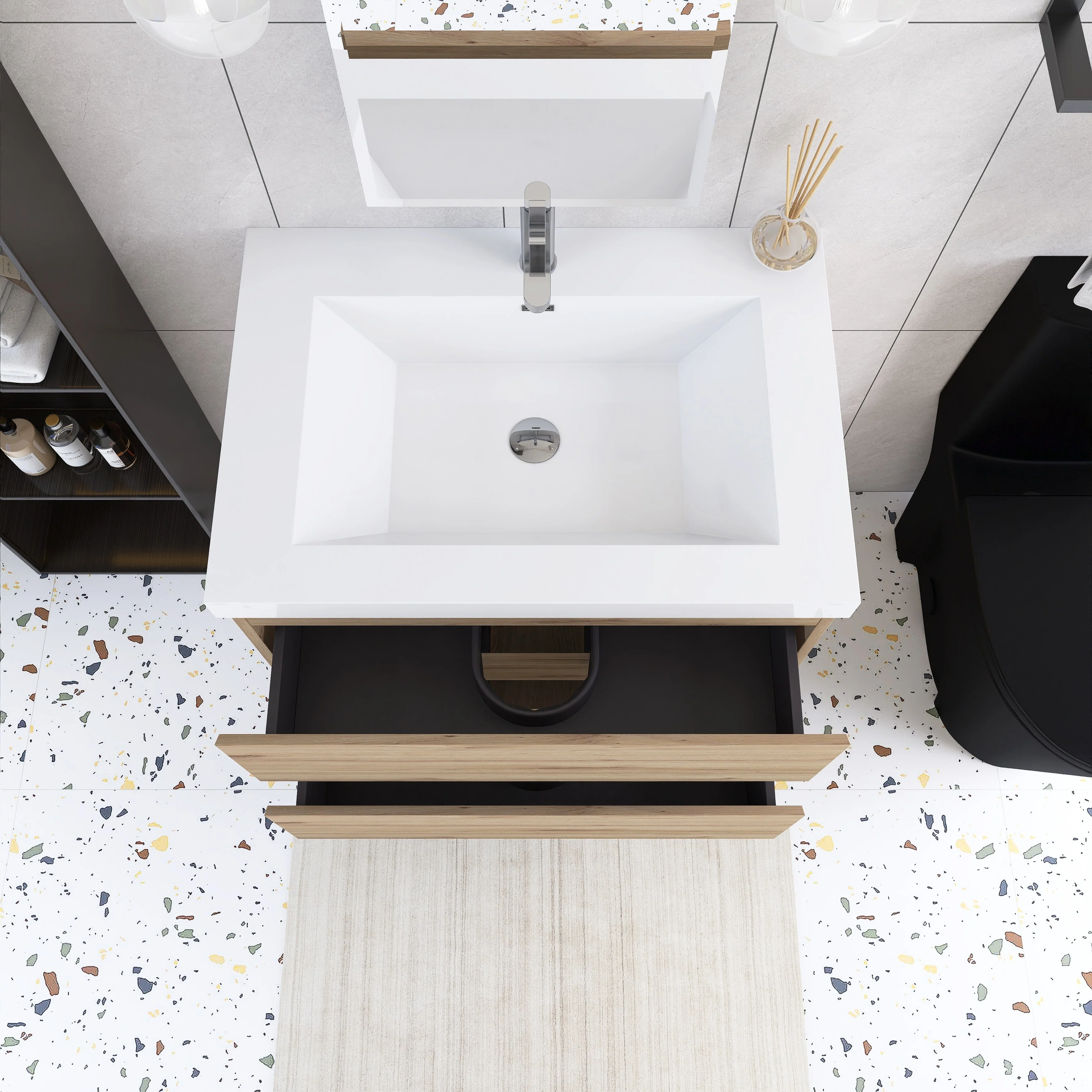 Angela Wall Mounted Bathroom Vanity in F. Oak with White Cultured Marble Top