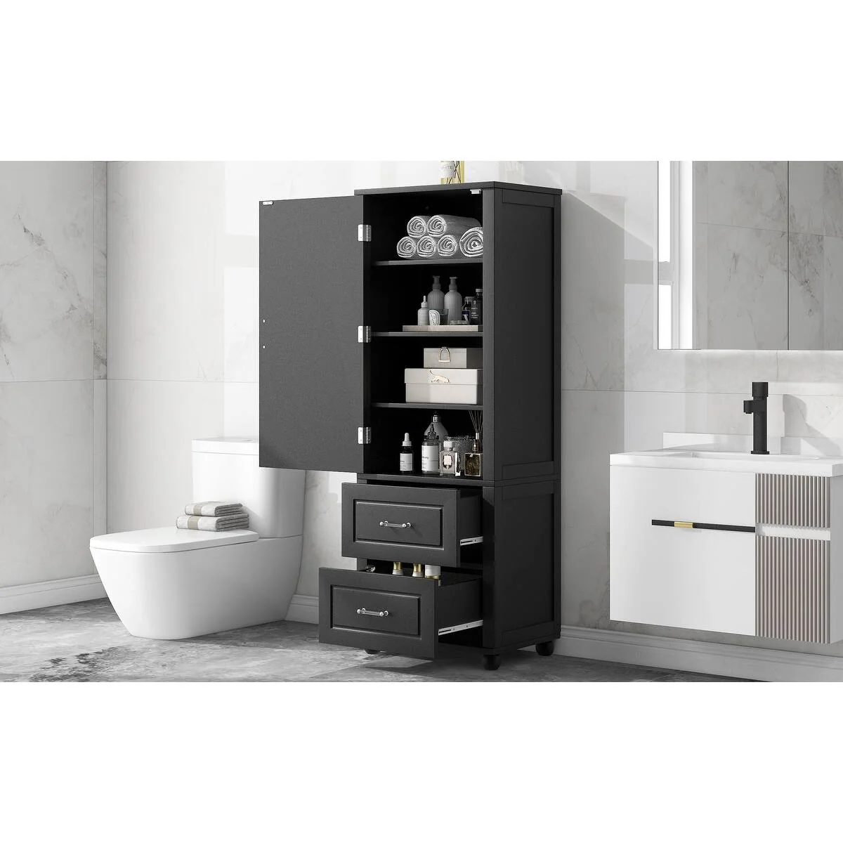 Freestanding Tall Bathroom Storage Cabinet with Door, 2 Drawers and Adjustable Shelf