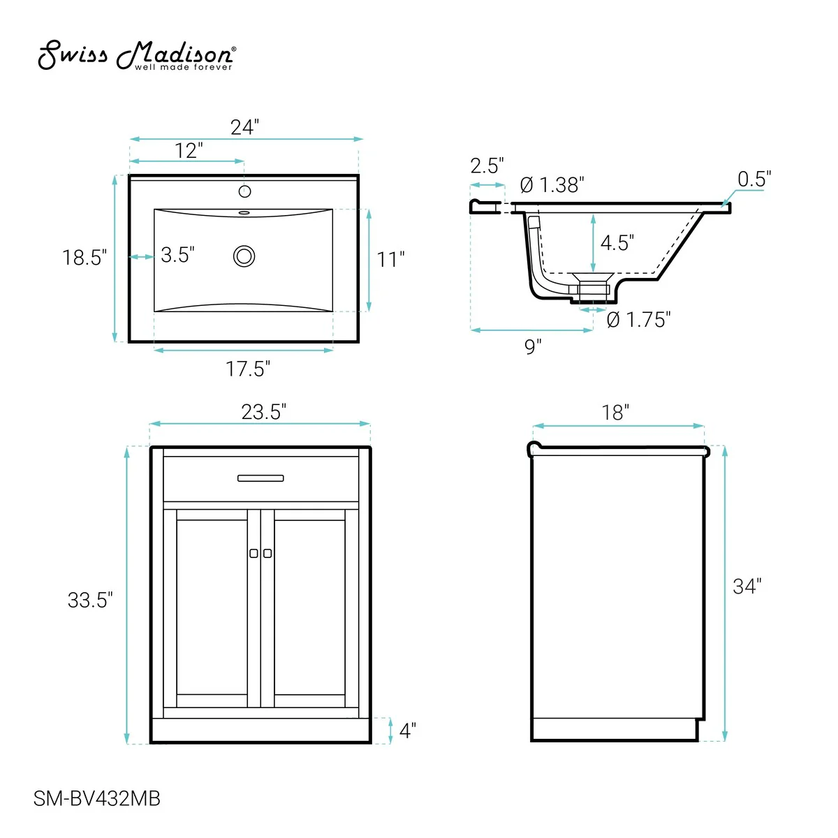 Burdon 24 In. Brown Oak Bathroom Vanity With Black Ceramic Sink Top