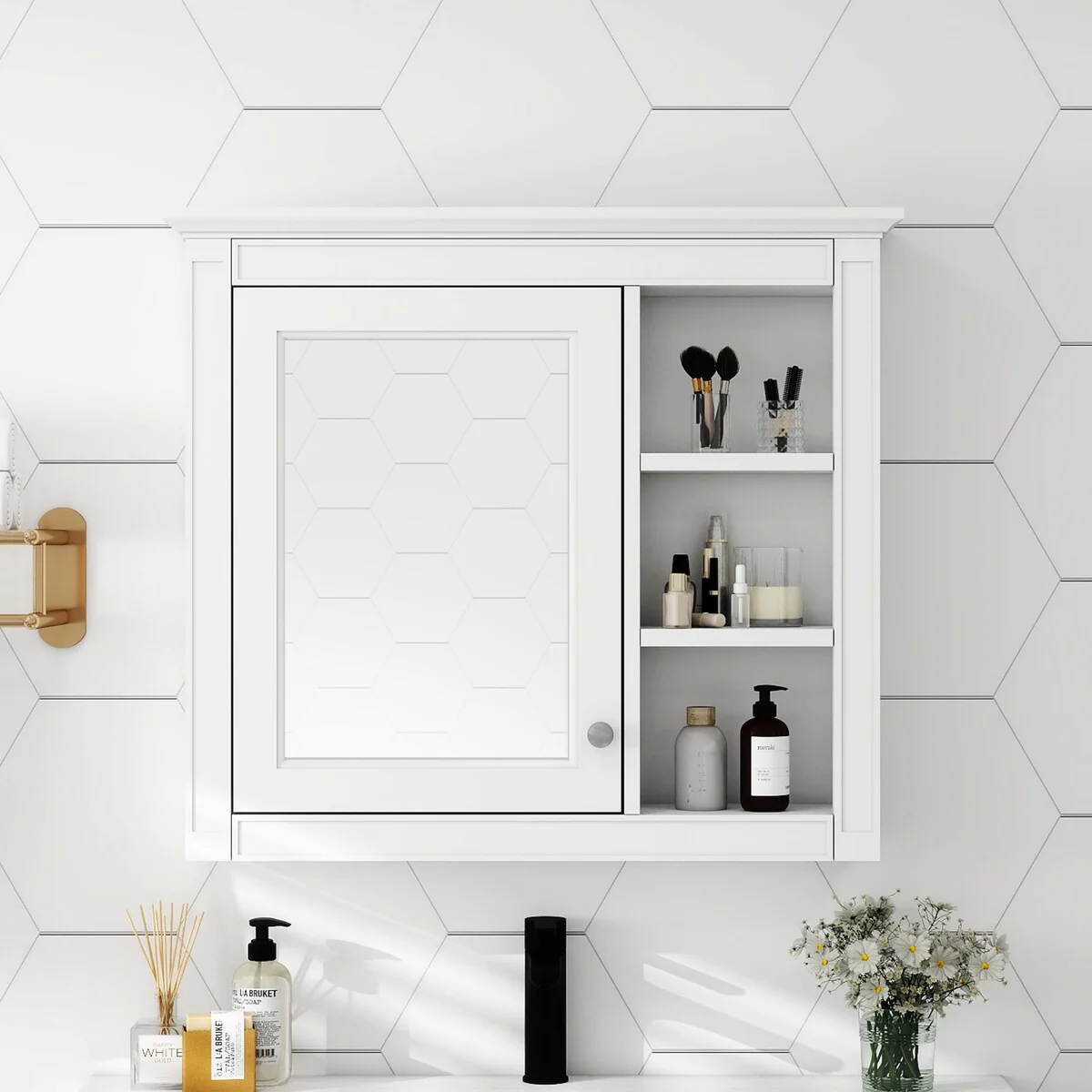 30'' x 28'' Wall Mounted Bathroom Storage Cabinet, Modern Bathroom Wall Cabinet with Mirror,Mirror Cabinet with 3 Open Shelves