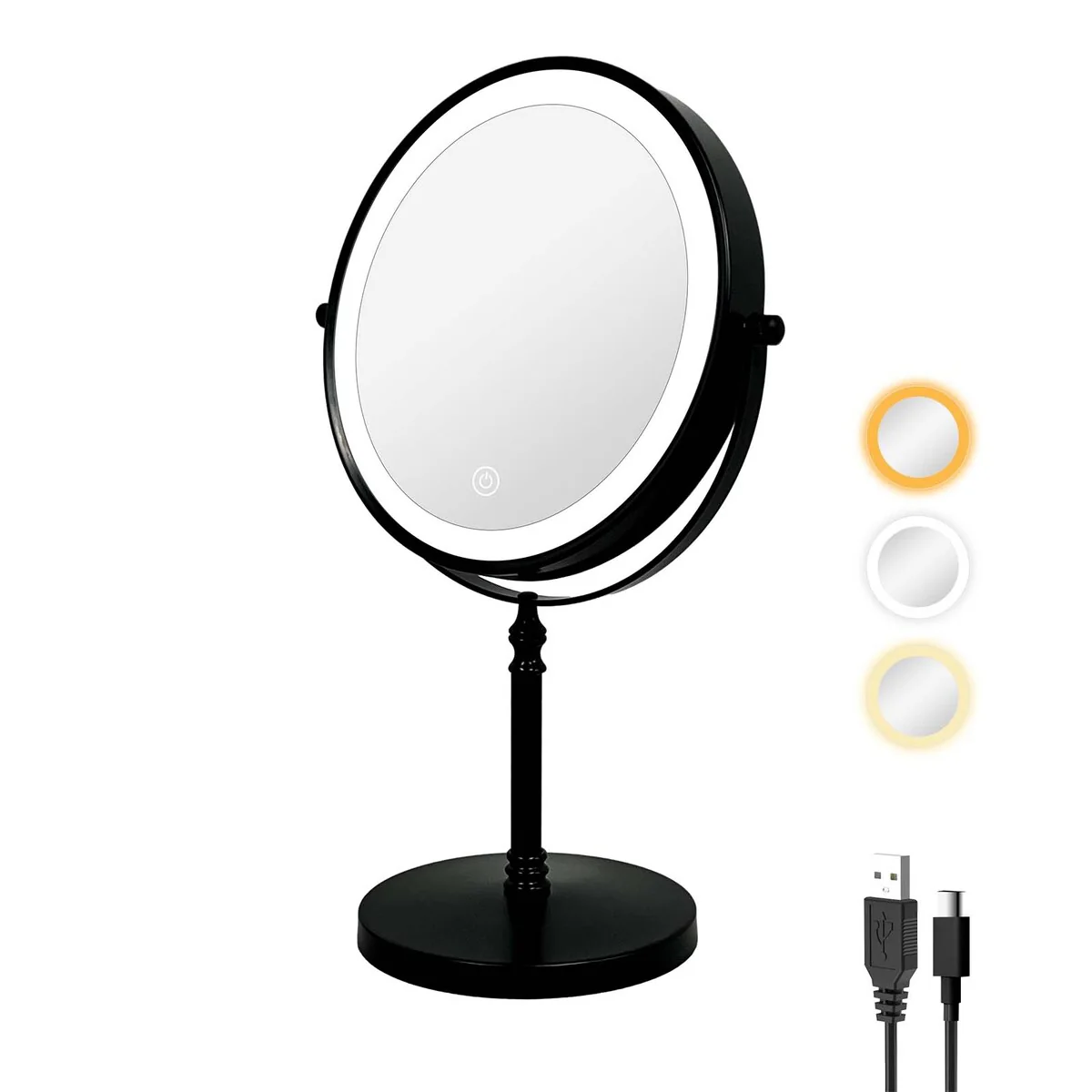 Makeup Mirror with Lights, 360° Swivel 1/10x Magnifying Tabletop Mirror w/Touch Sensor & Type-C Charging Port