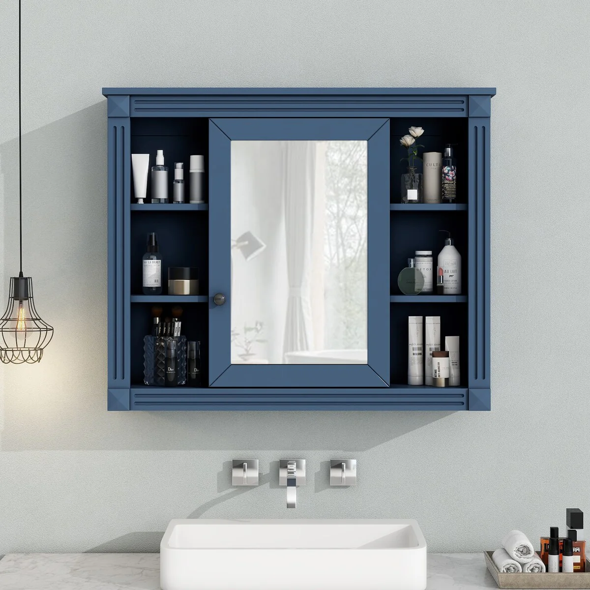 Wall Mounted Bathroom Storage Cabinet,Wall Cabinet with Mirror,Mirror Cabinet with 6 Open Shelves(Not Include Bathroom Vanity )