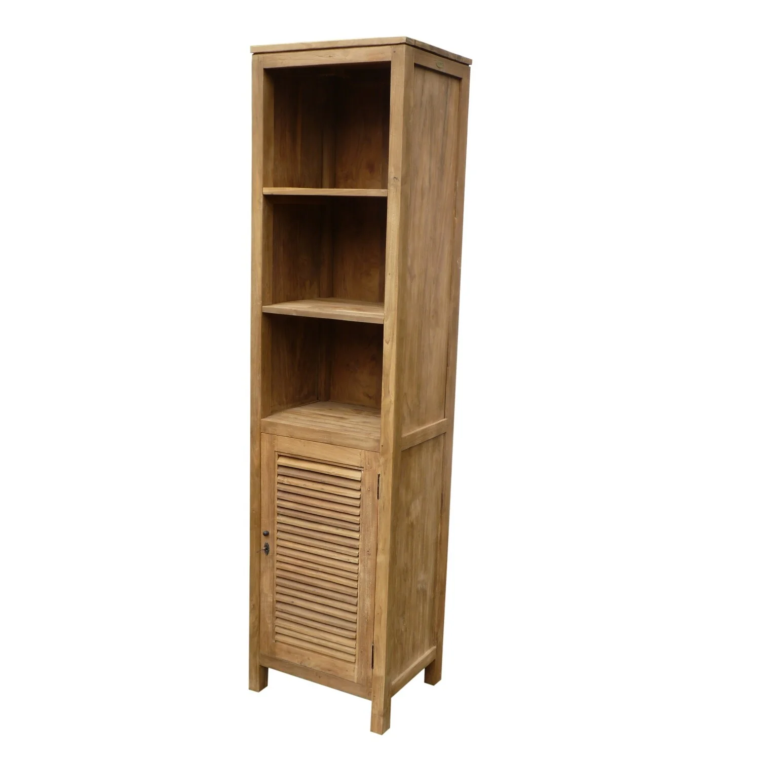 Recycled Teak Wood Lumbrera Vertical Bathroom Linen Cabinet with 1 Door & 3 Shelves