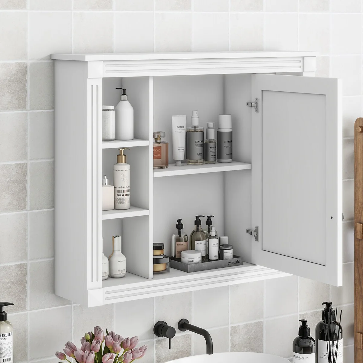 Wall Mounted Bathroom Storage Cabinet,Wall Cabinet with Mirror,Mirror Cabinet with 6 Open Shelves(Not Include Bathroom Vanity )