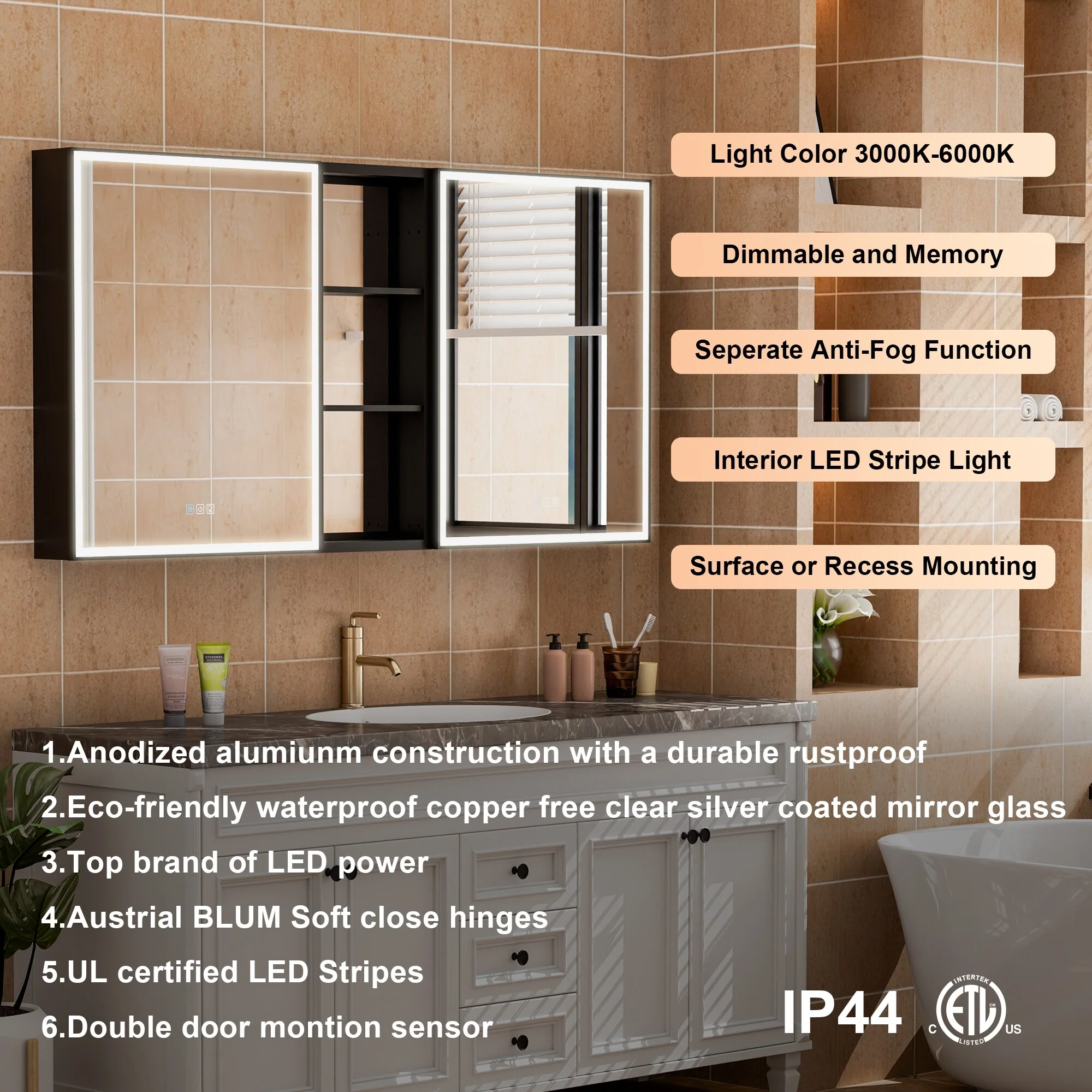 30 in. H Recessed or Surface Wall Mounted LED Mirror Cabinet With Black Side Cabinet