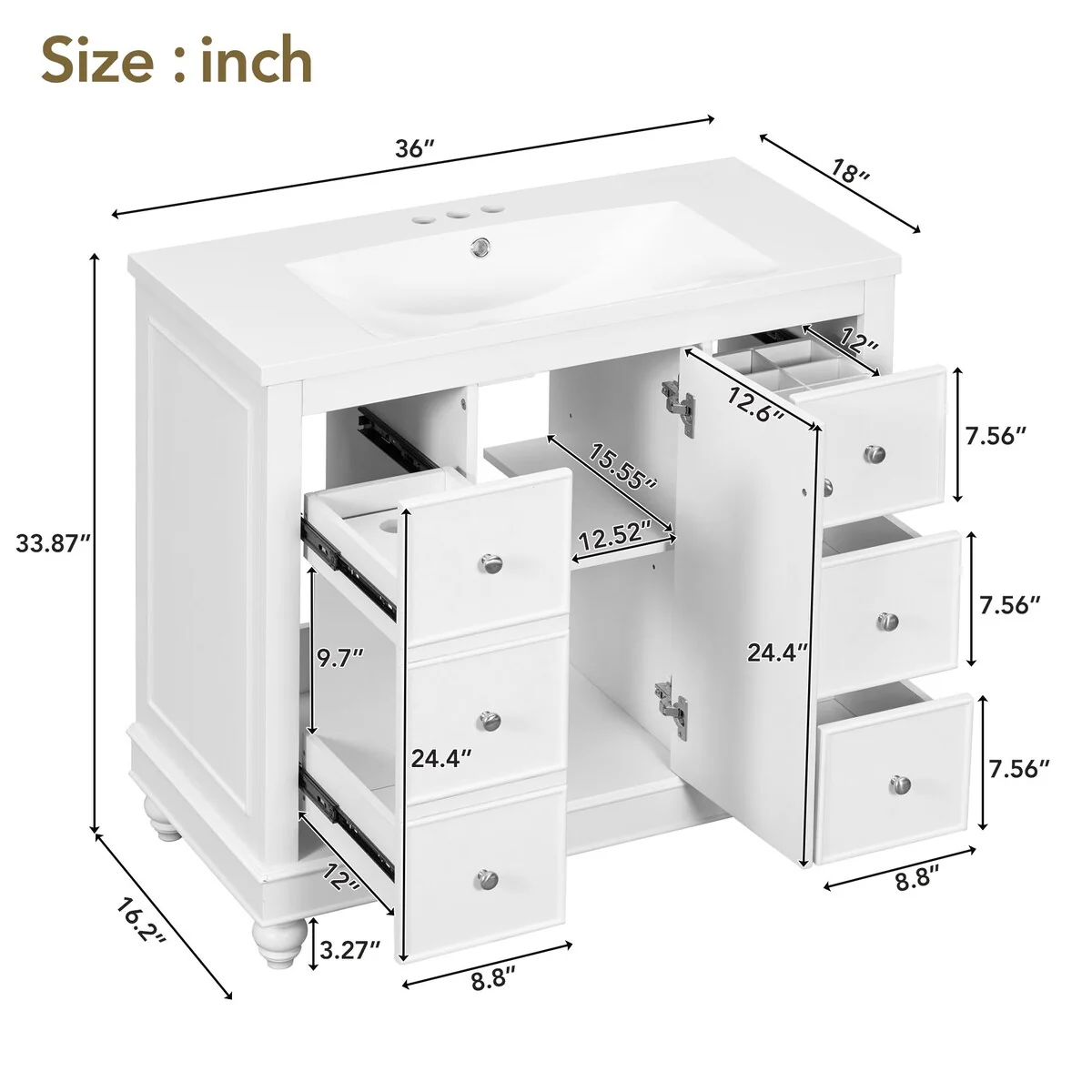 36 in. W Freestanding Bath Vanity with White Resin Sink,4 Drawers and 1 Door
