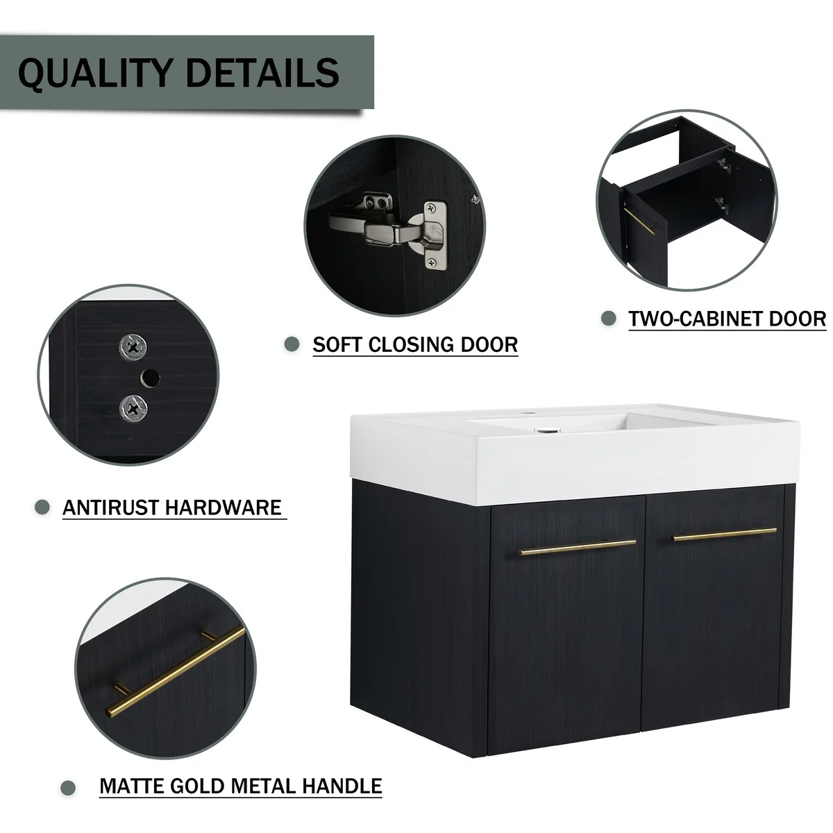 Bathroom Vanity With Sink In 24/30/36 Inch, Floating Bathroom Vanity with Soft Close Door