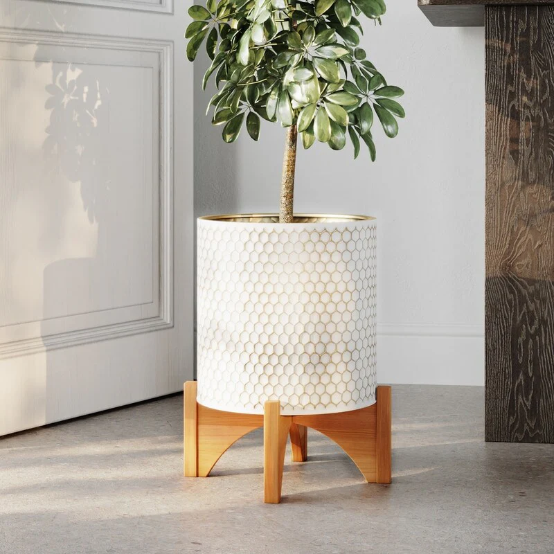 Honeycomb Mid-Century Modern Indoor Metal Pot Planter with Arch Wood Base